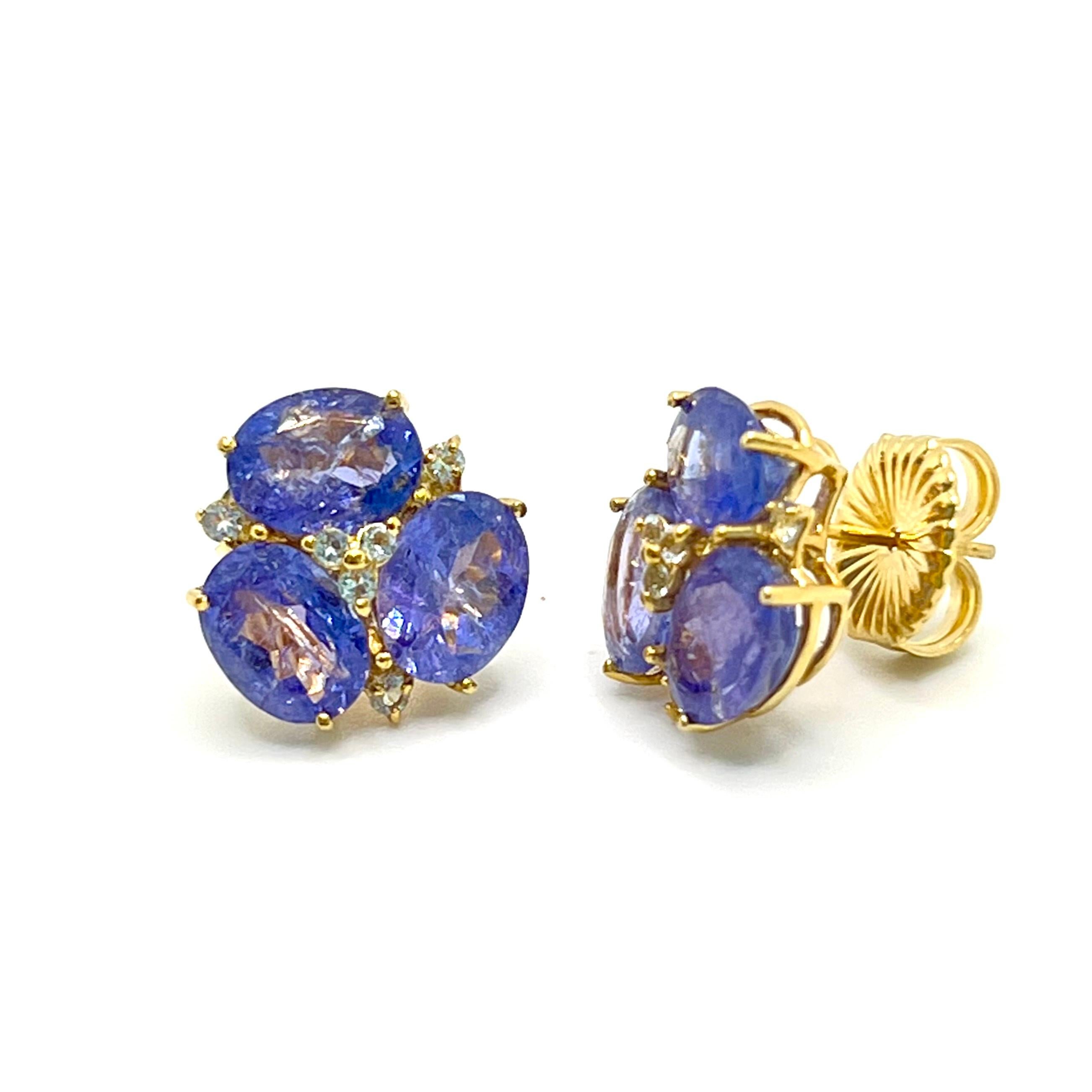 14k Gelbgold Dreifache ovale Tansanit-Ohrstecker (Ovalschliff) im Angebot