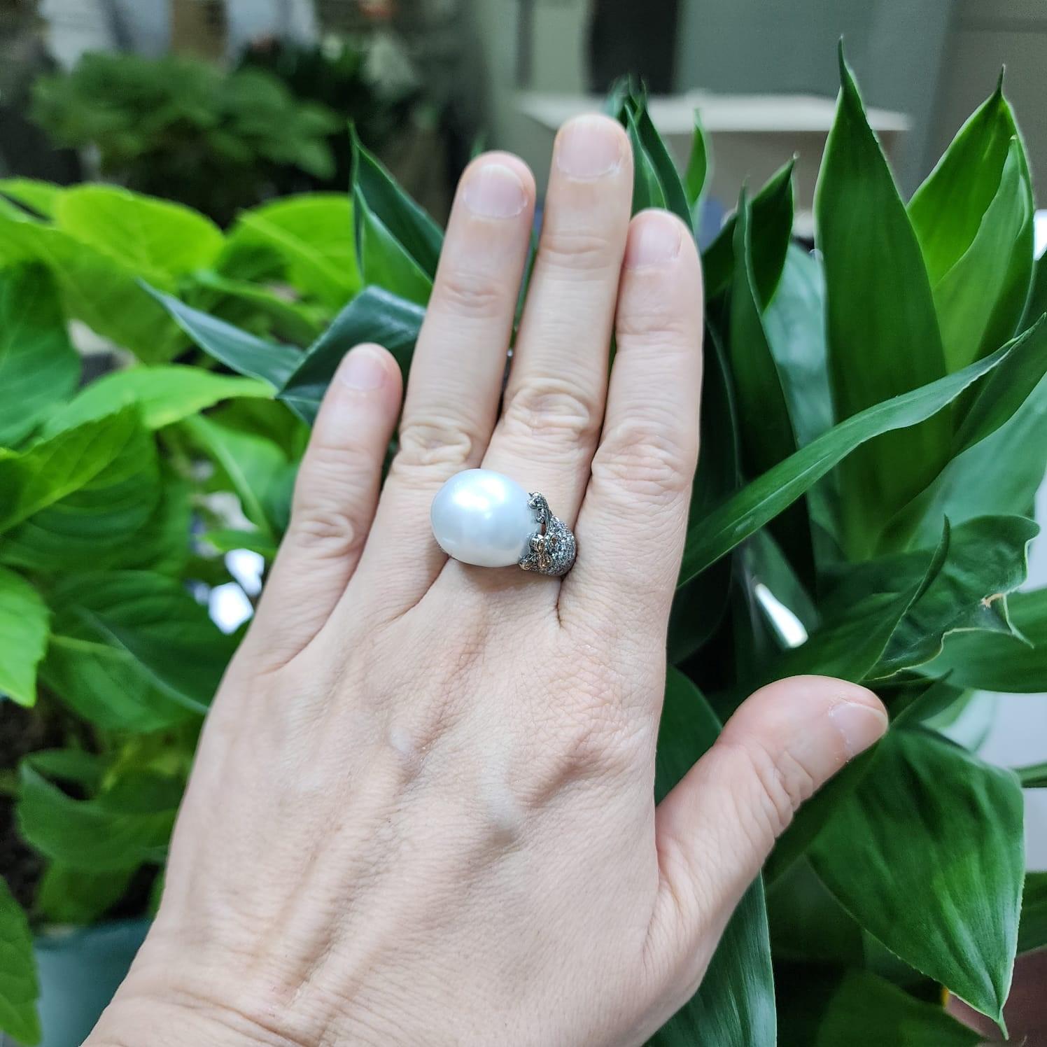 Bead 14MM Baroque White Pearl Diamond Sapphire Ring in 18 Karat Rhodium Black Gold For Sale