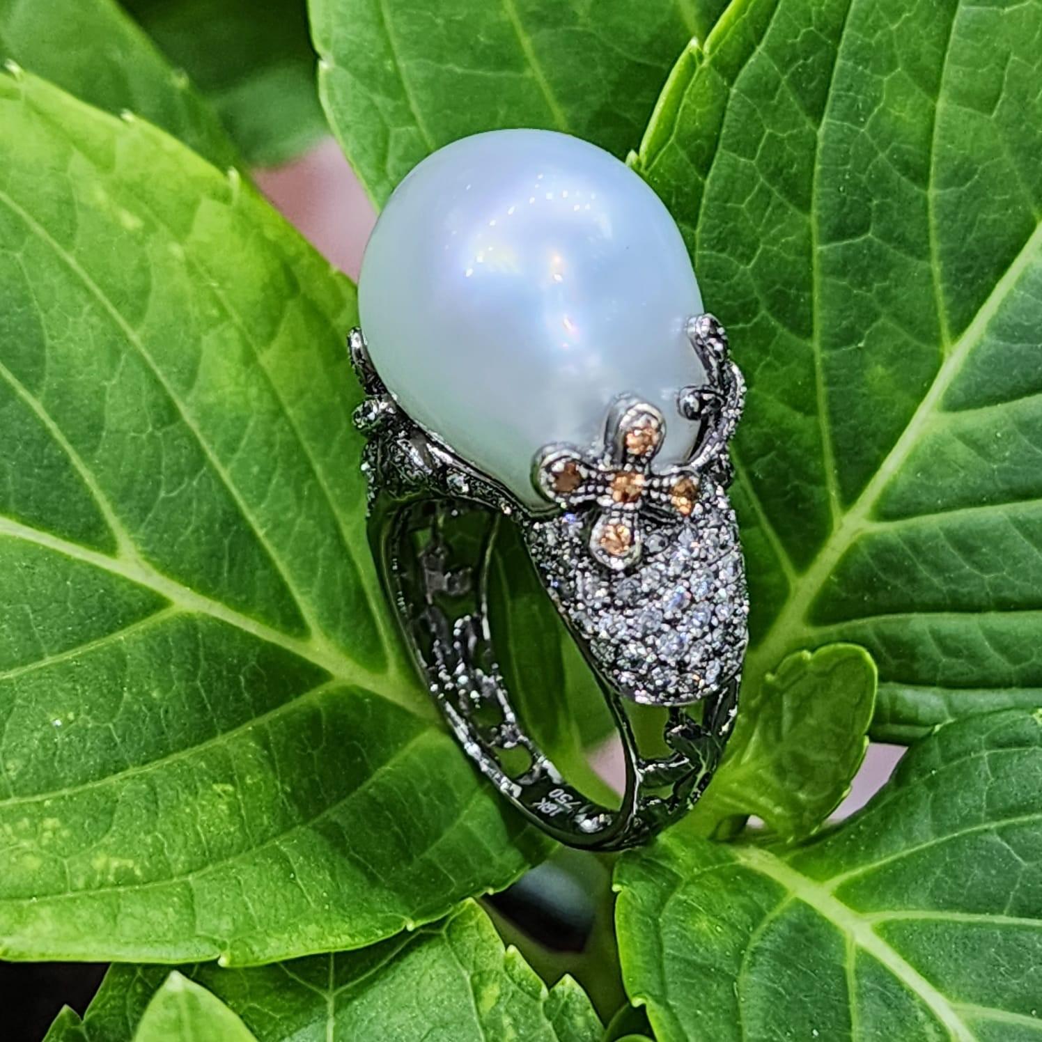 Women's 14MM Baroque White Pearl Diamond Sapphire Ring in 18 Karat Rhodium Black Gold For Sale
