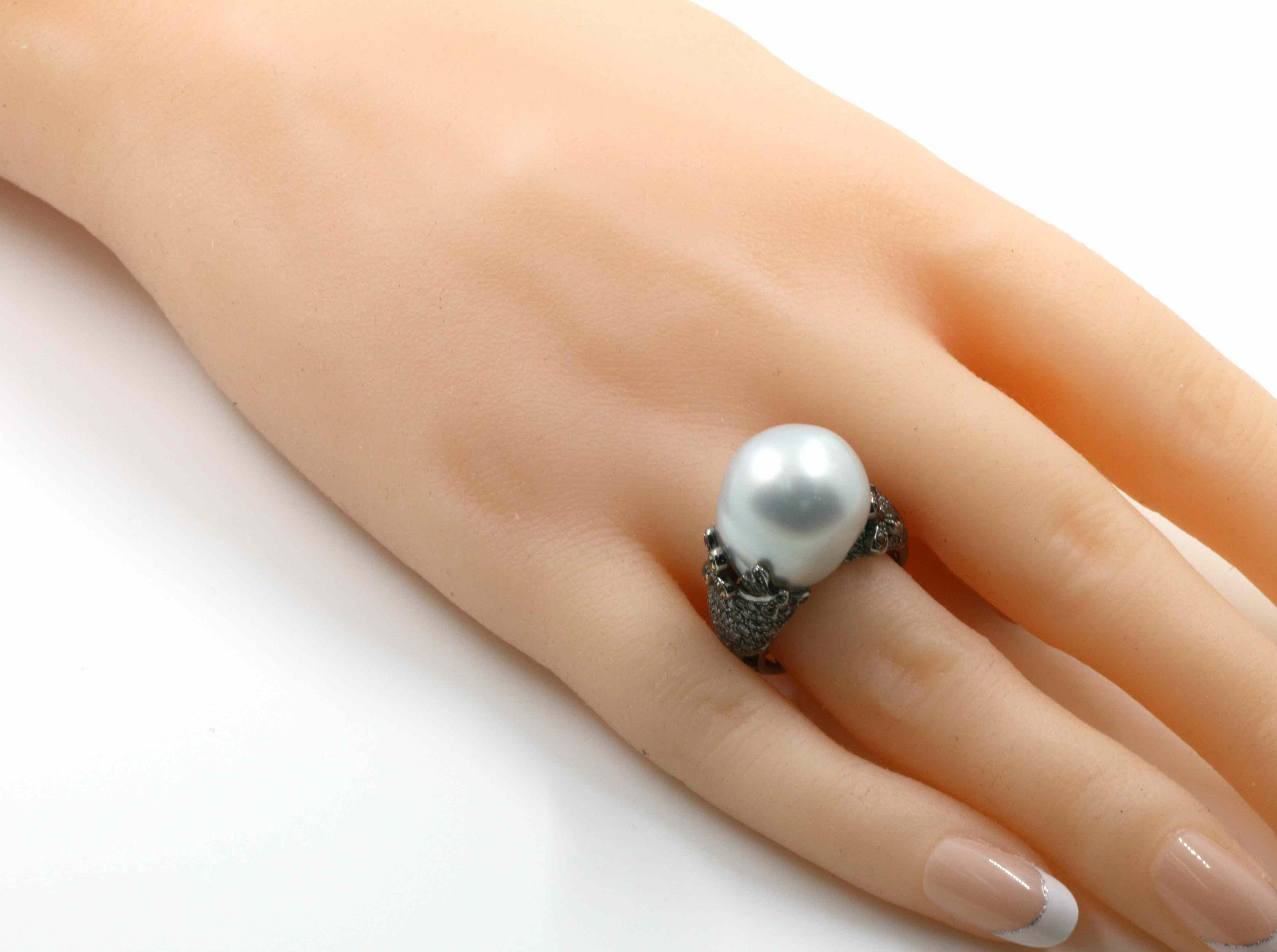 14MM Baroque White Pearl Diamond Sapphire Ring in 18 Karat Rhodium Black Gold For Sale 1