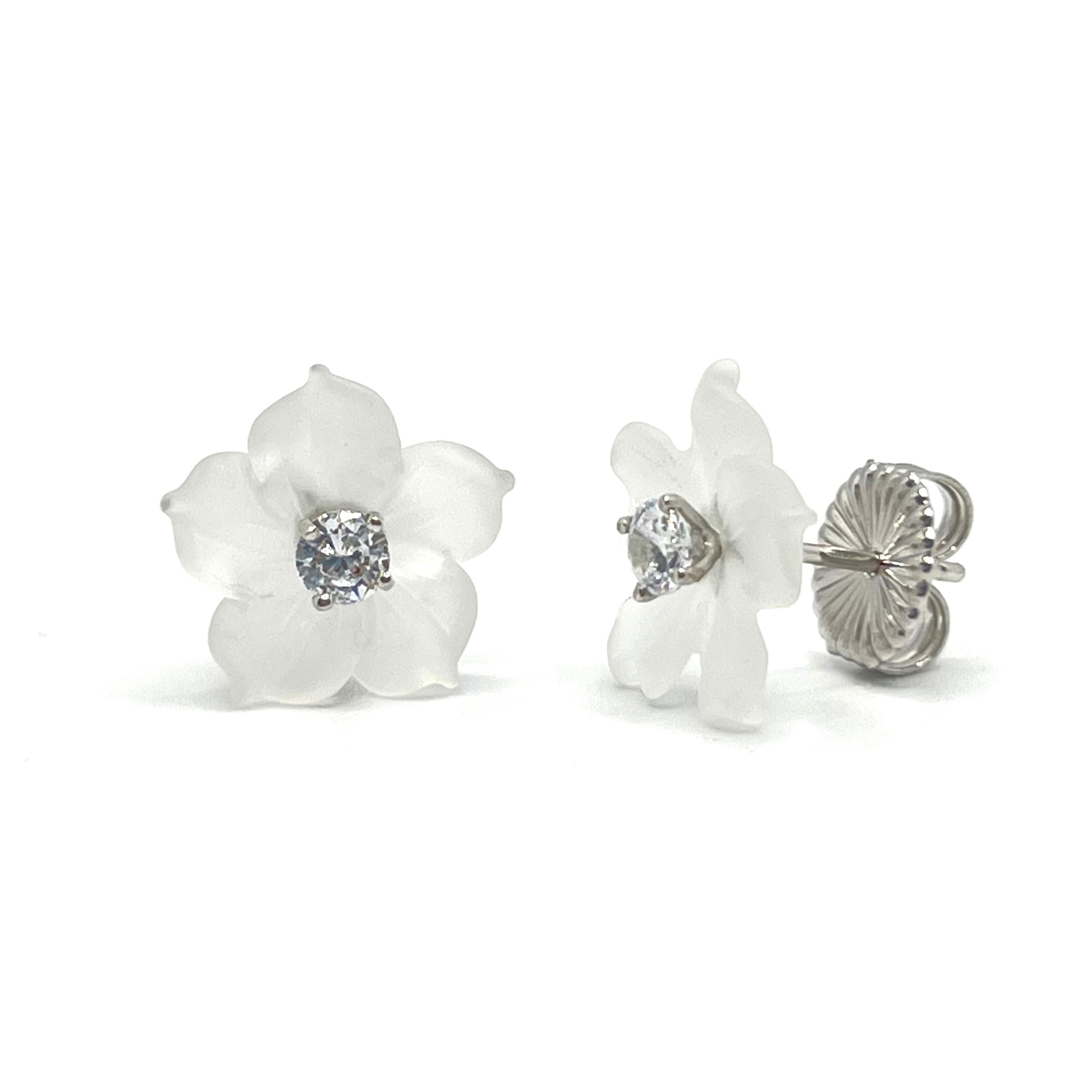 Contemporary 14mm Carved Frosted Quartz Flower Sterling Silver Earrings For Sale