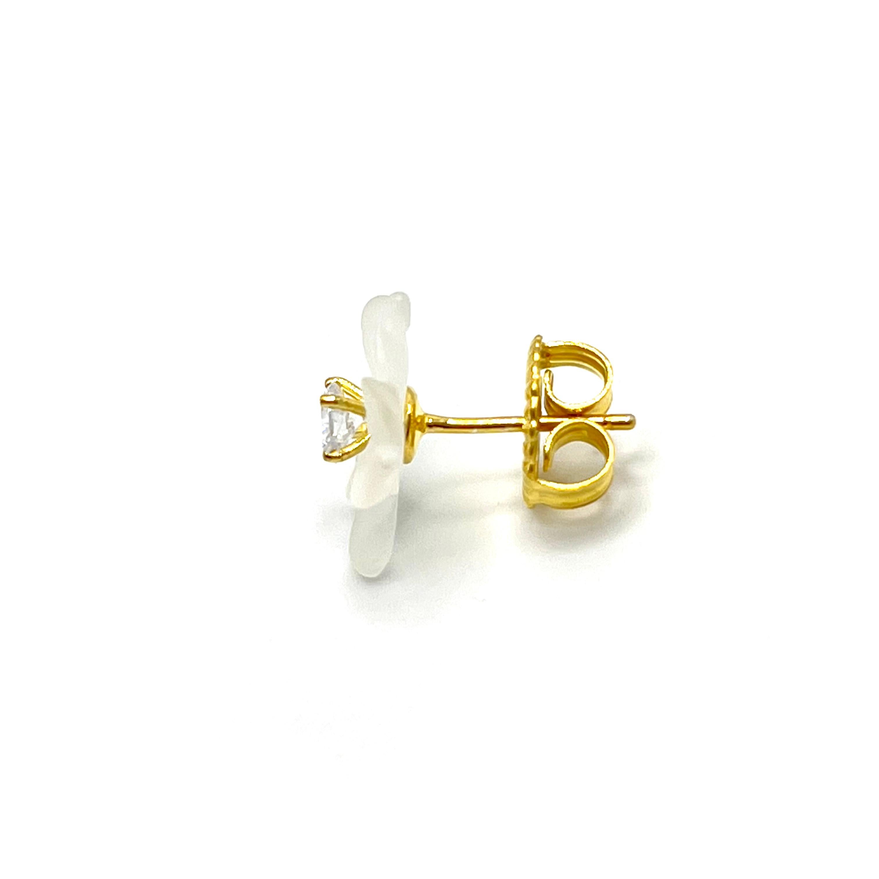 Contemporary 14mm Carved Frosted Quartz Flower Vermeil Earrings For Sale