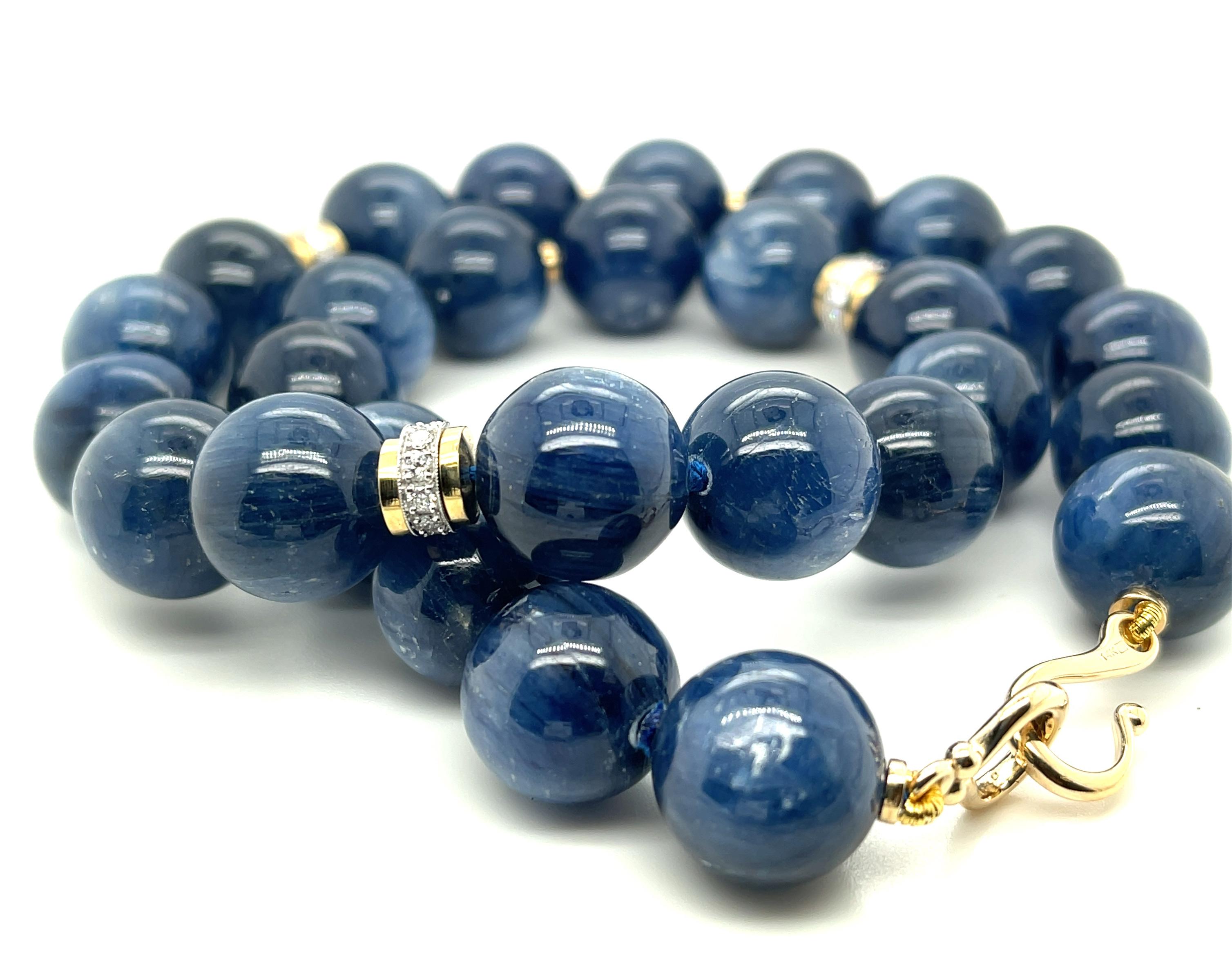 Artisan 14mm Kyanite Bead and 18k Gold Necklace with Diamond Rondelles, 18 Inches  For Sale
