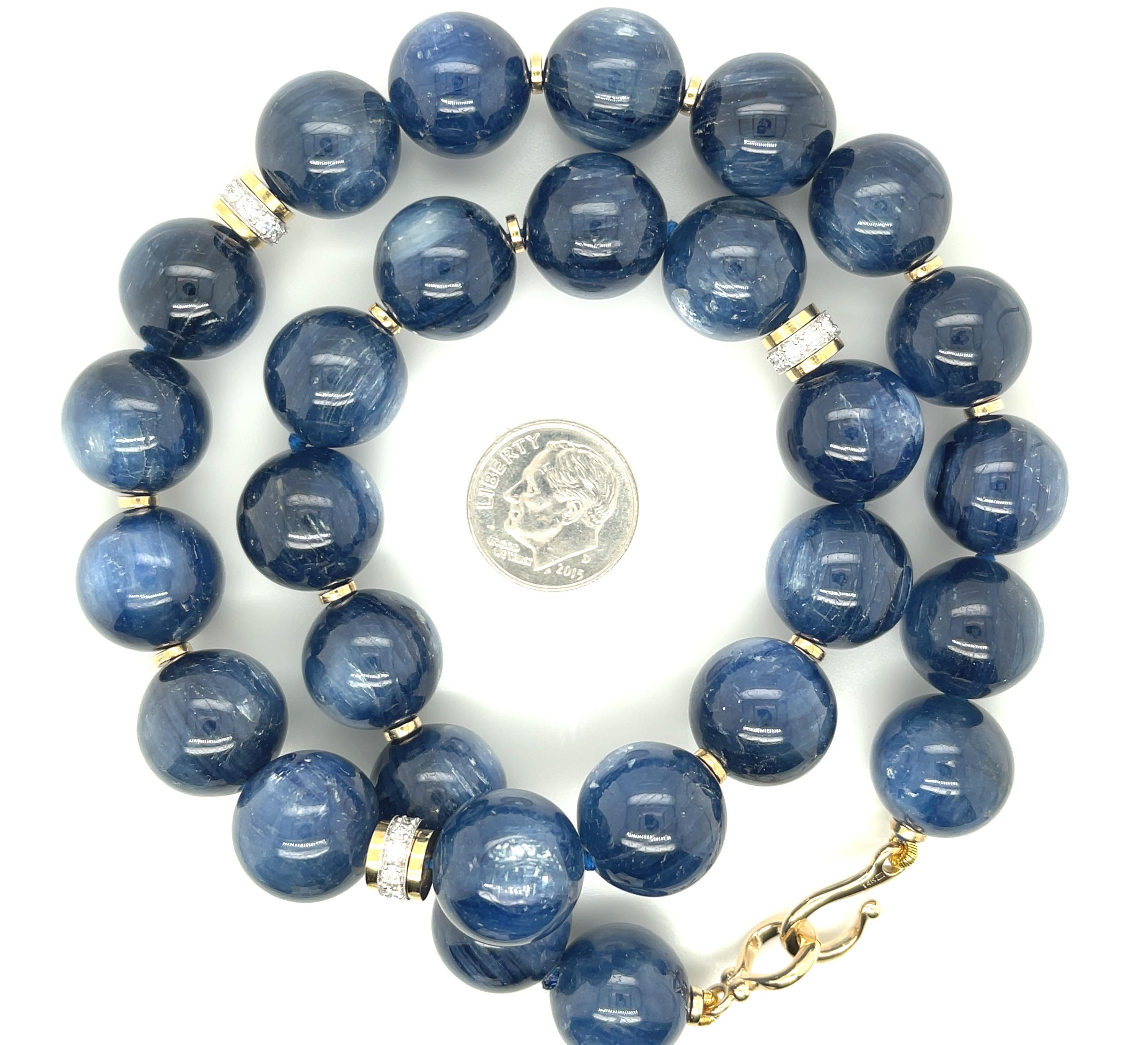 14mm Kyanite Bead and 18k Gold Necklace with Diamond Rondelles, 18 Inches  In New Condition For Sale In Los Angeles, CA