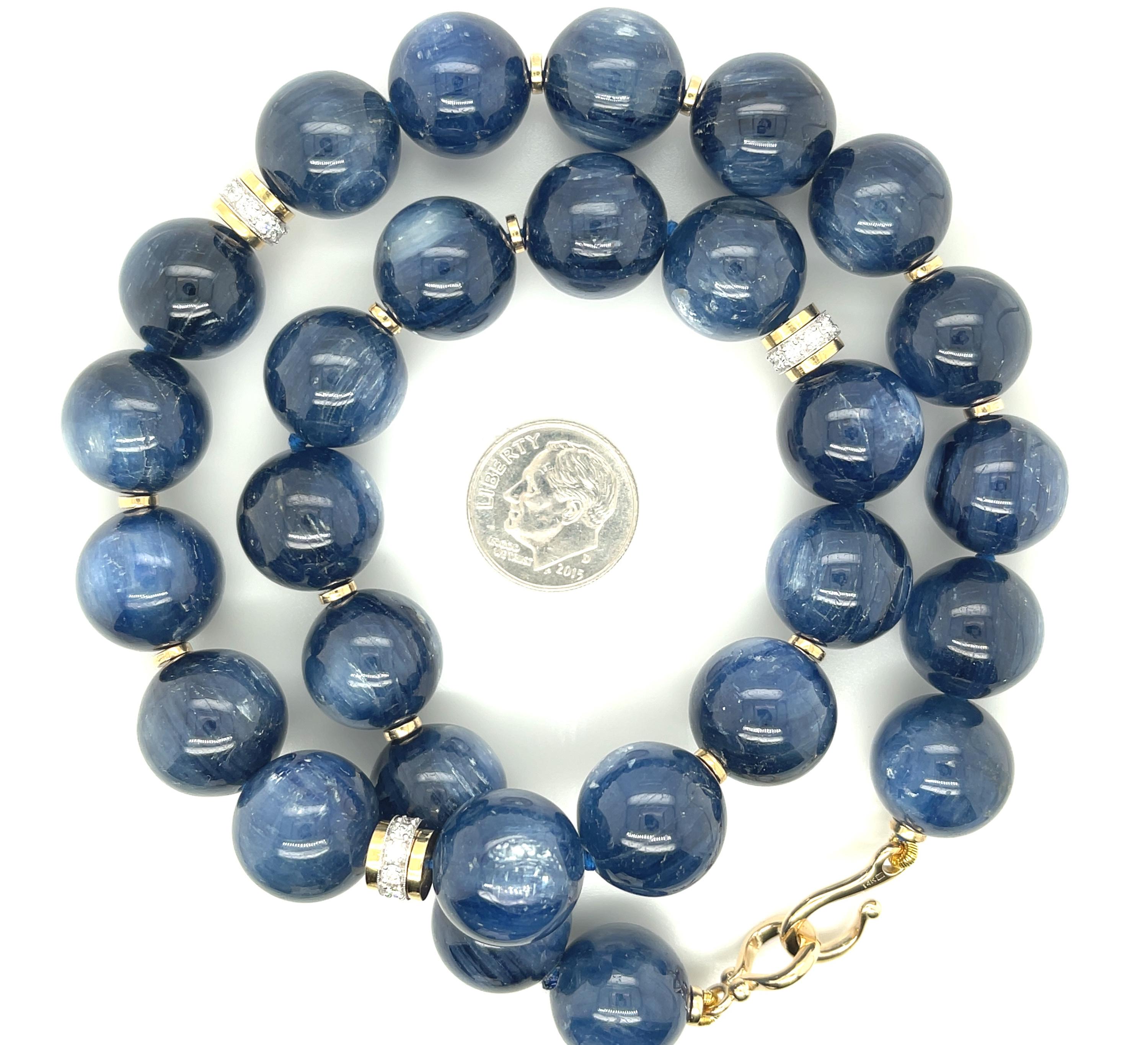14mm Kyanite Bead and 18k Gold Necklace with Diamond Rondelles, 18 Inches In New Condition For Sale In Los Angeles, CA