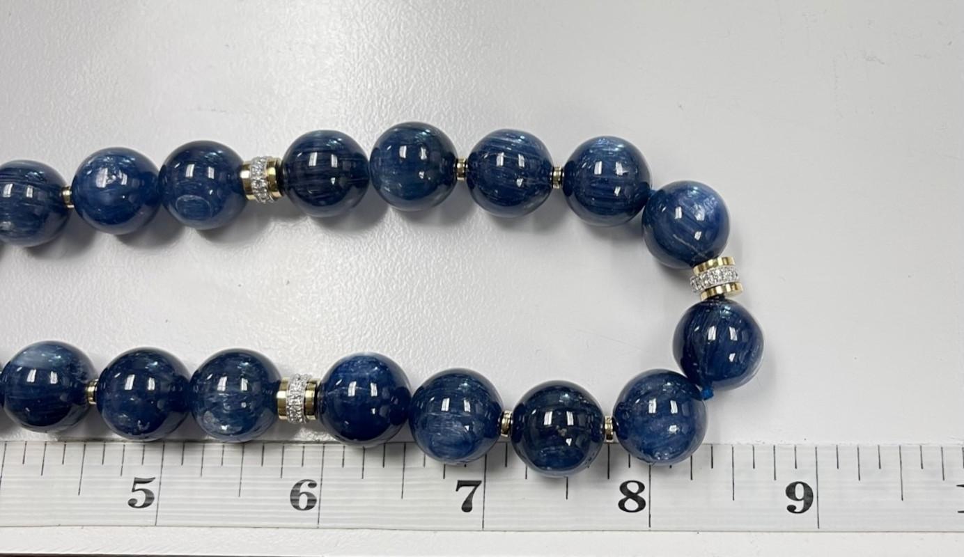 Women's or Men's 14mm Kyanite Bead and 18k Gold Necklace with Diamond Rondelles, 18 Inches  For Sale
