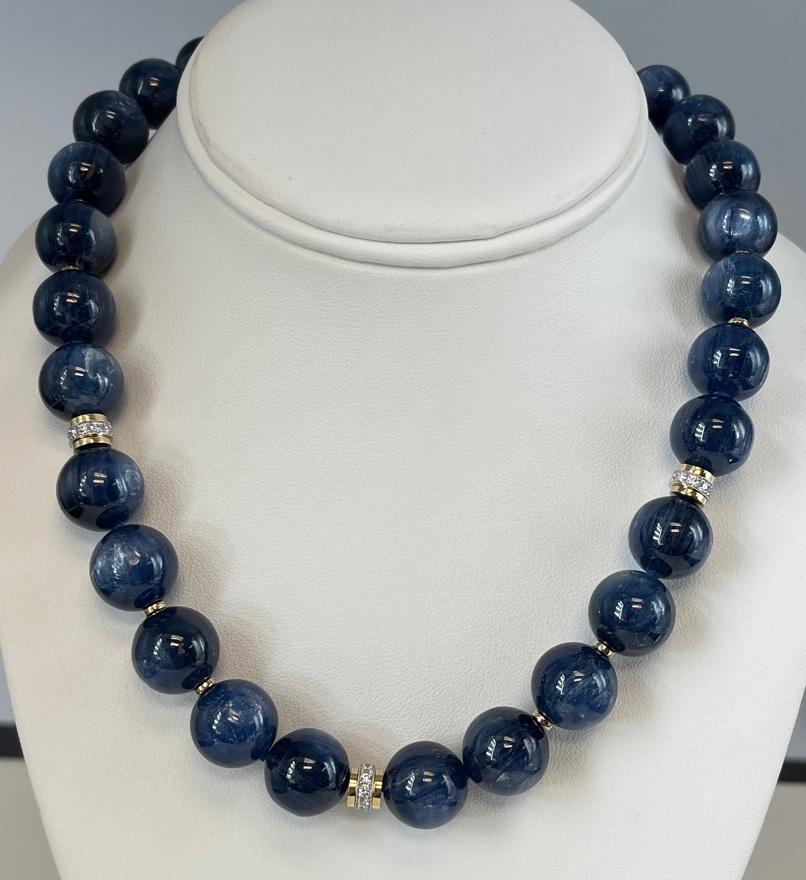 14mm Kyanite Bead and 18k Gold Necklace with Diamond Rondelles, 18 Inches  For Sale 1