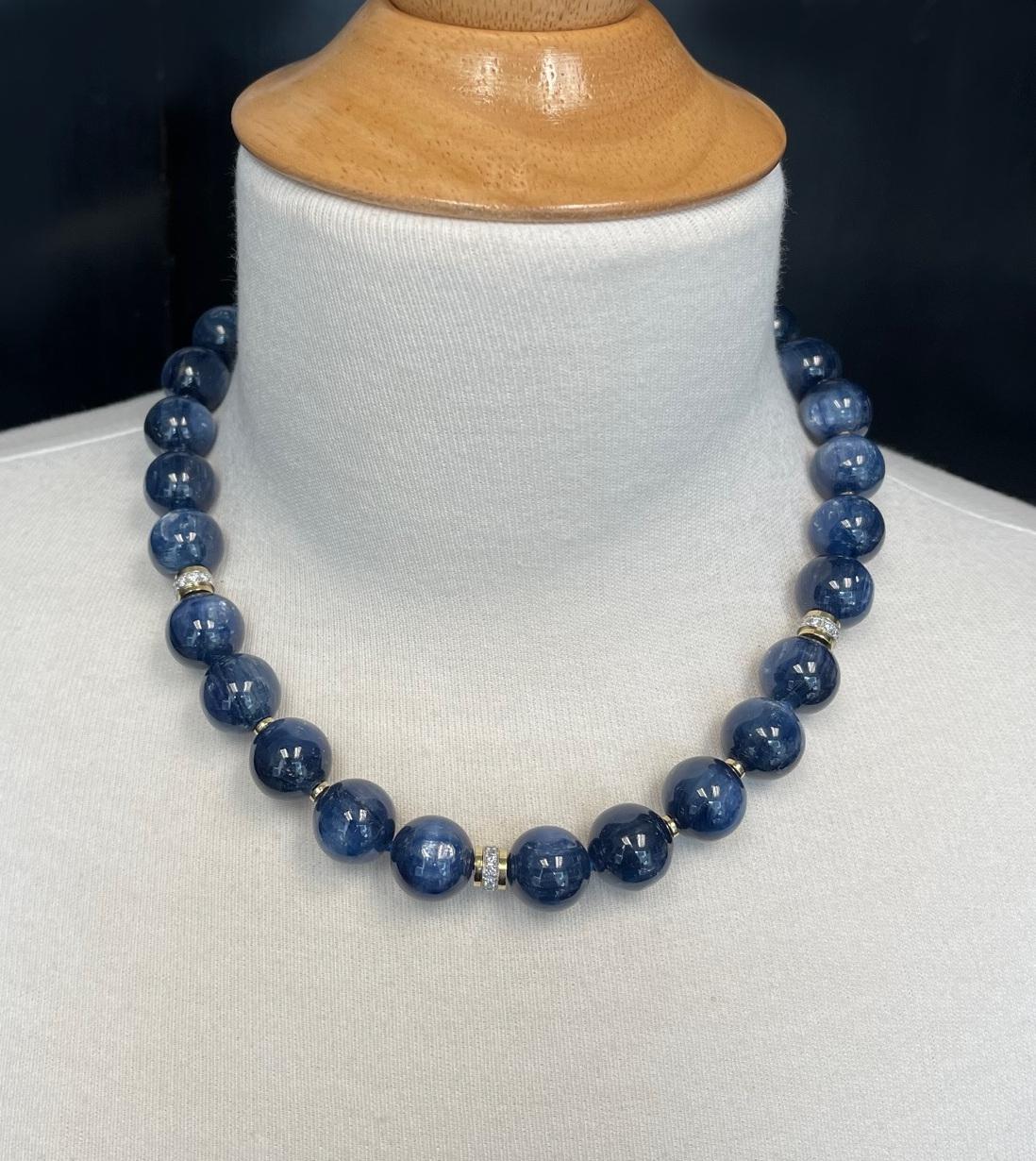 14mm Kyanite Bead and 18k Gold Necklace with Diamond Rondelles, 18 Inches  For Sale 2