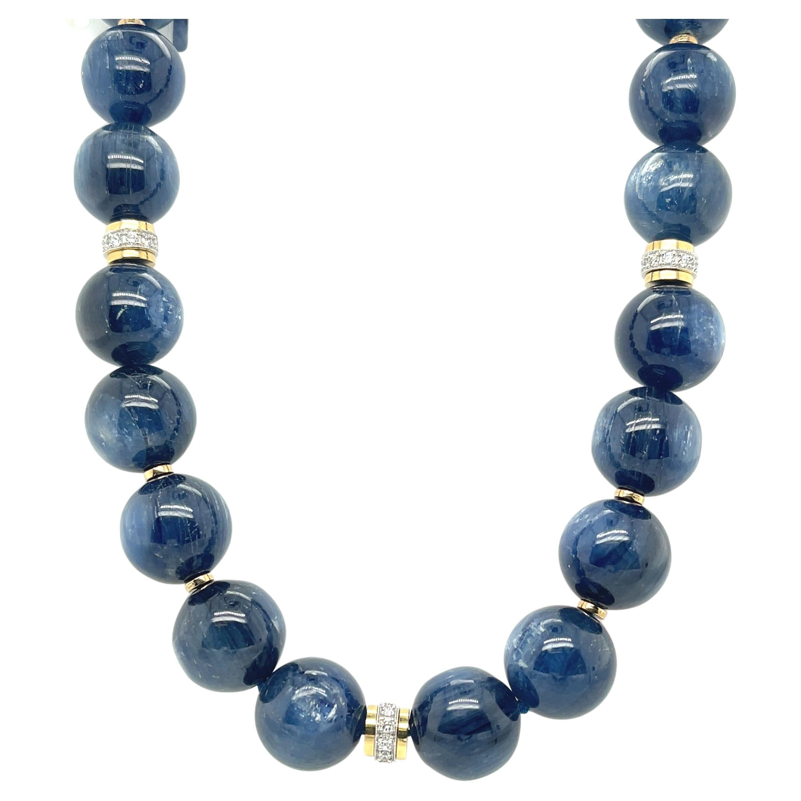 14mm Kyanite Bead and 18k Gold Necklace with Diamond Rondelles, 18 Inches  For Sale