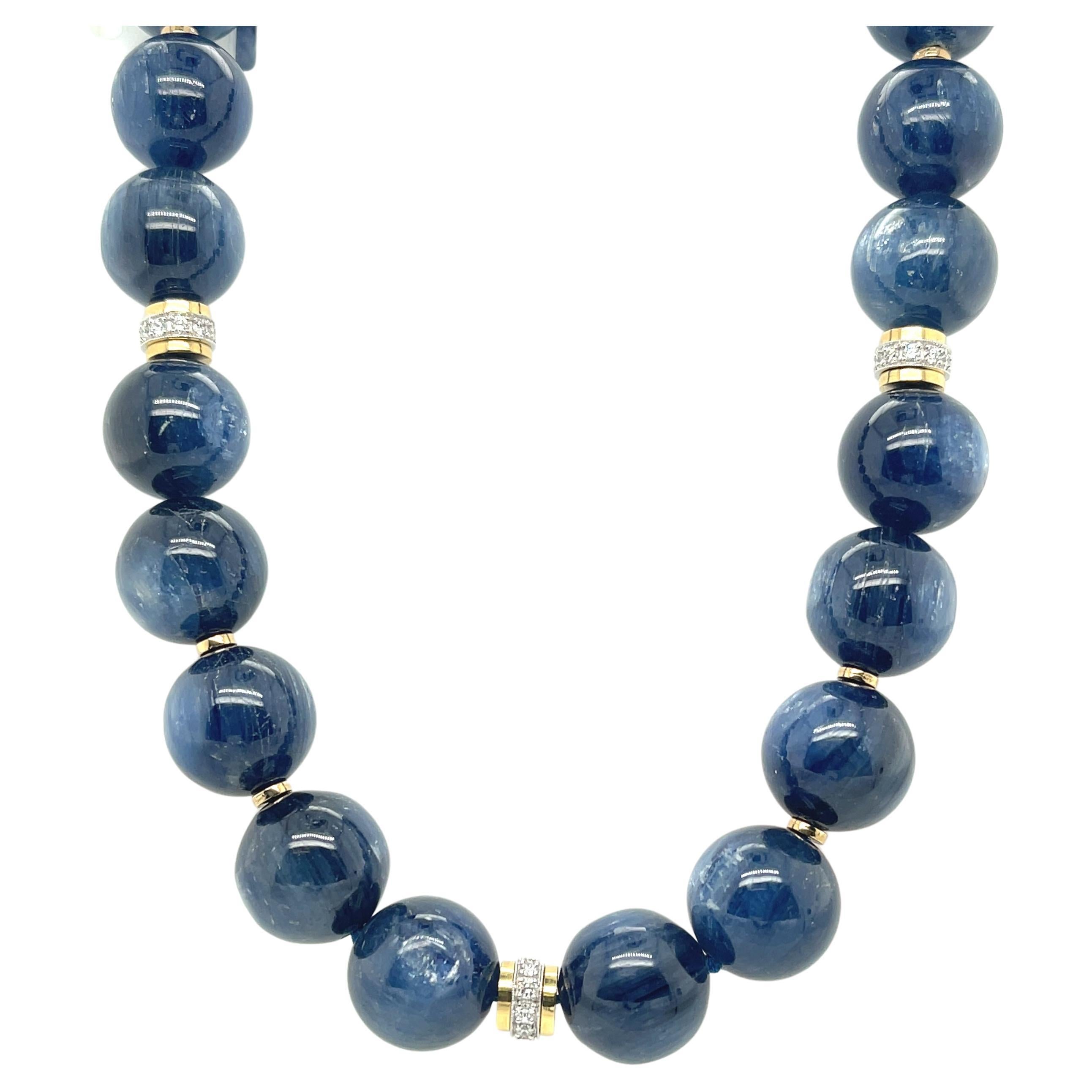 14mm Kyanite Bead and 18k Gold Necklace with Diamond Rondelles, 18 Inches
