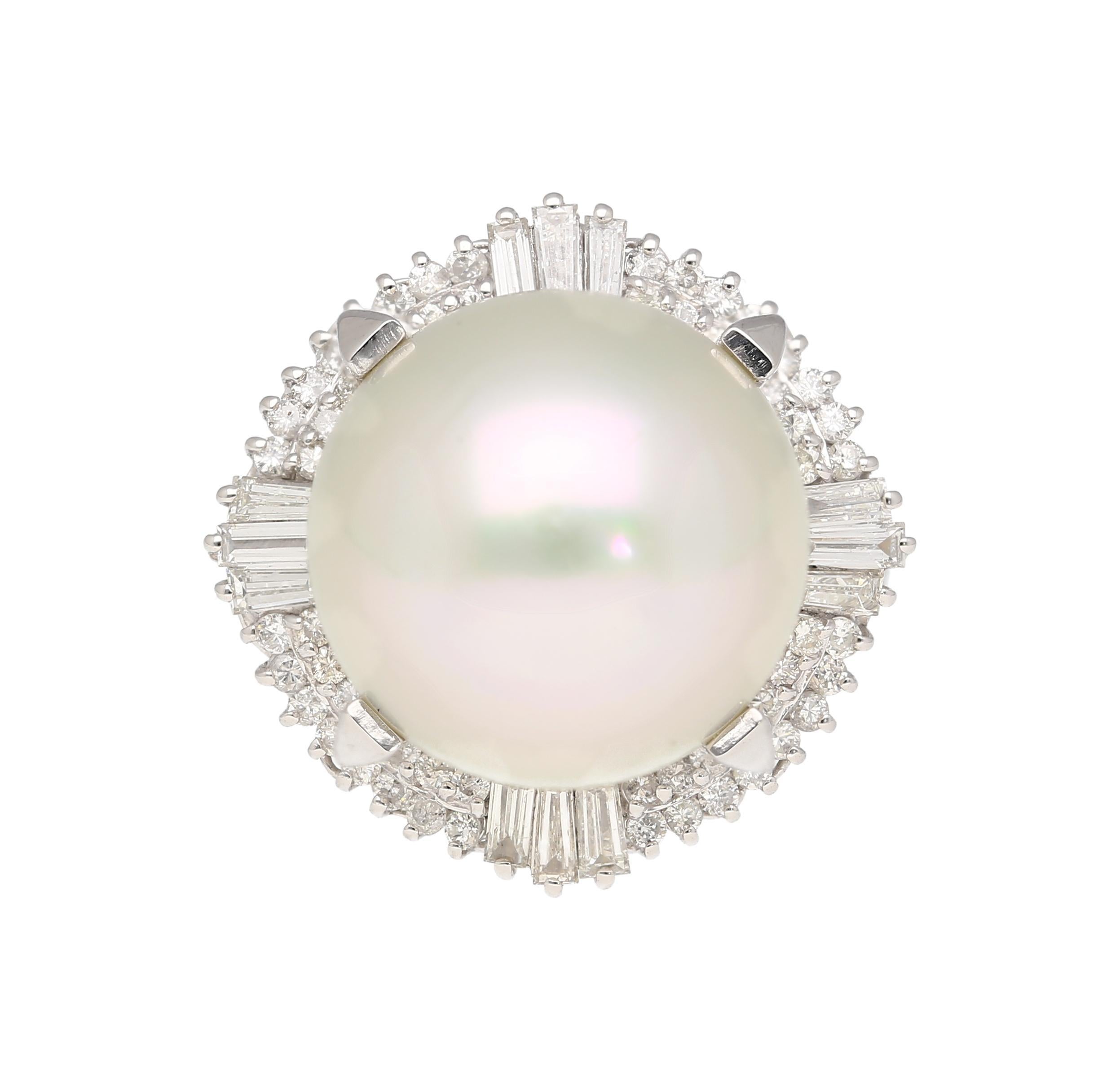 Modern 14mm Pearl with Baguette and Round Diamonds in Platinum Cocktail Ring For Sale