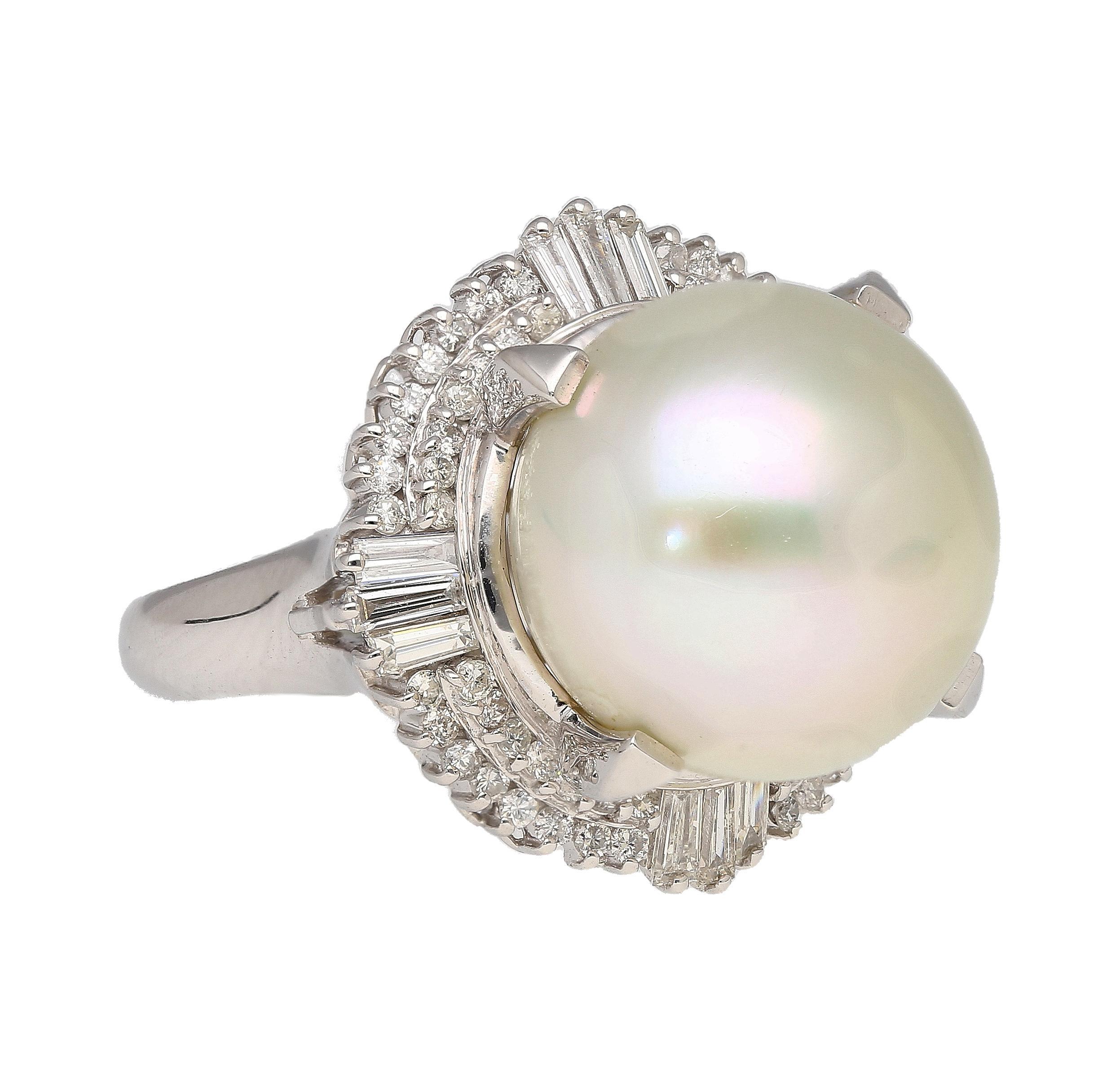 Round Cut 14mm Pearl with Baguette and Round Diamonds in Platinum Cocktail Ring For Sale