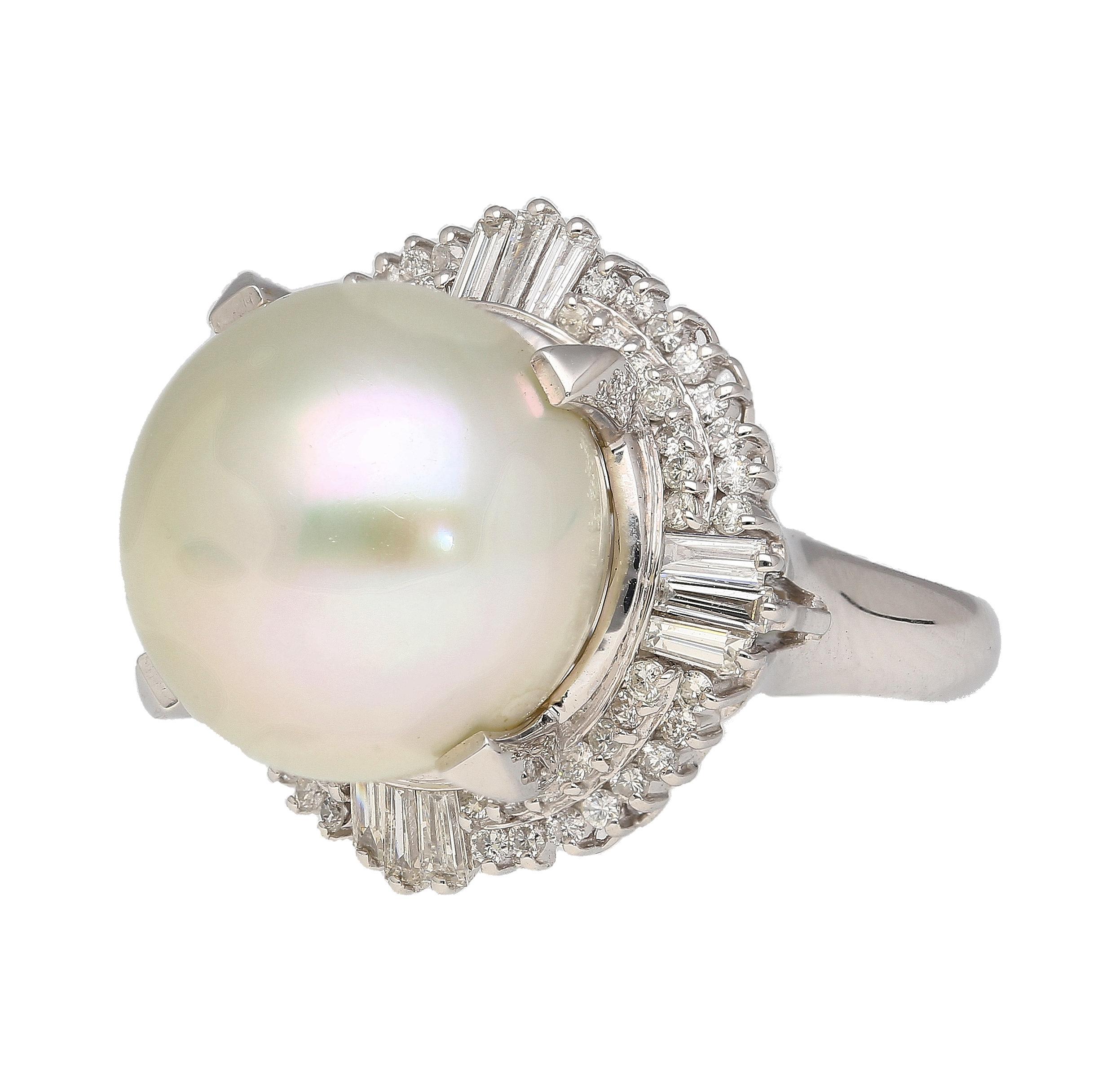 14mm Pearl with Baguette and Round Diamonds in Platinum Cocktail Ring In New Condition For Sale In Miami, FL