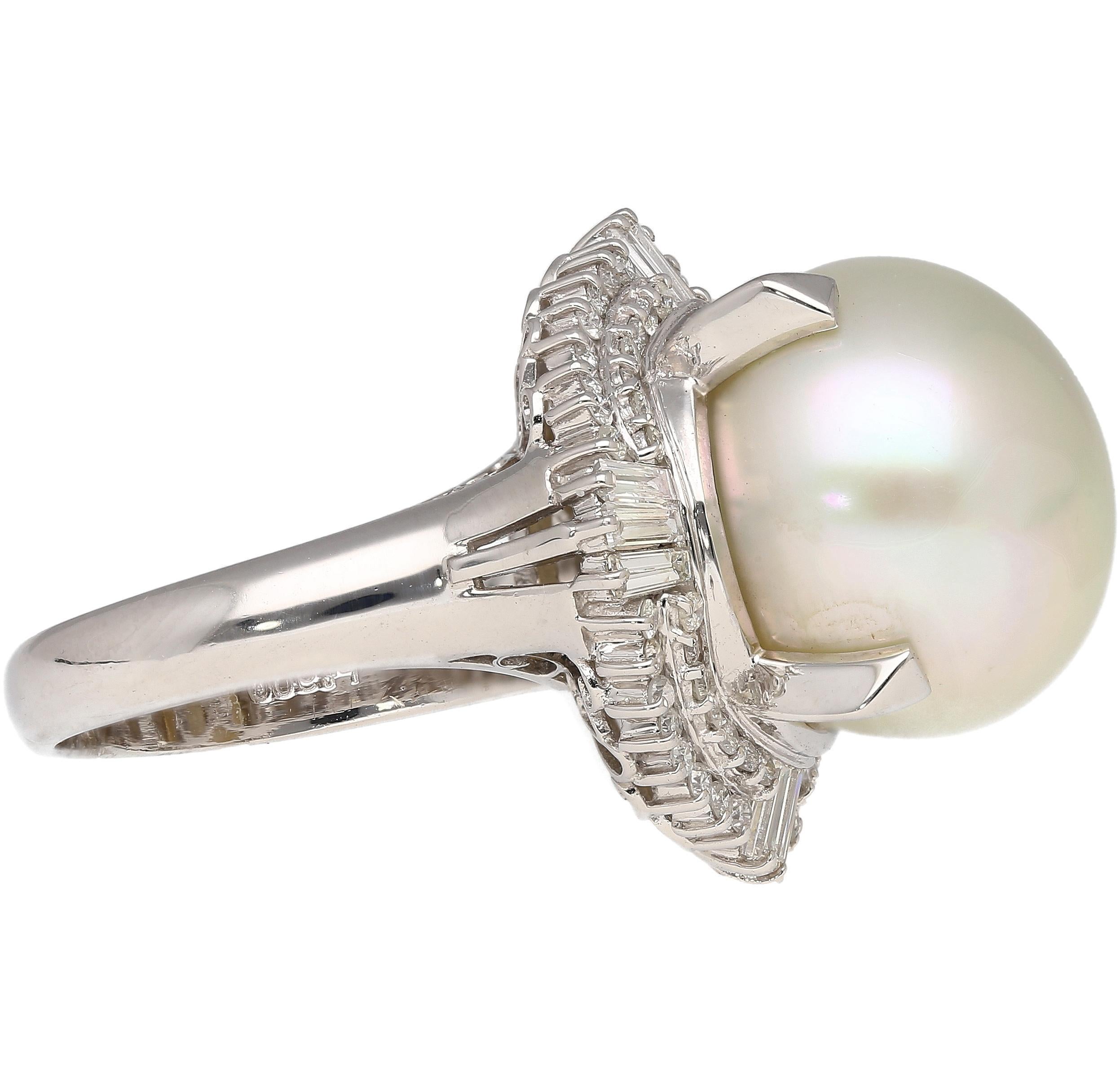 Women's 14mm Pearl with Baguette and Round Diamonds in Platinum Cocktail Ring For Sale