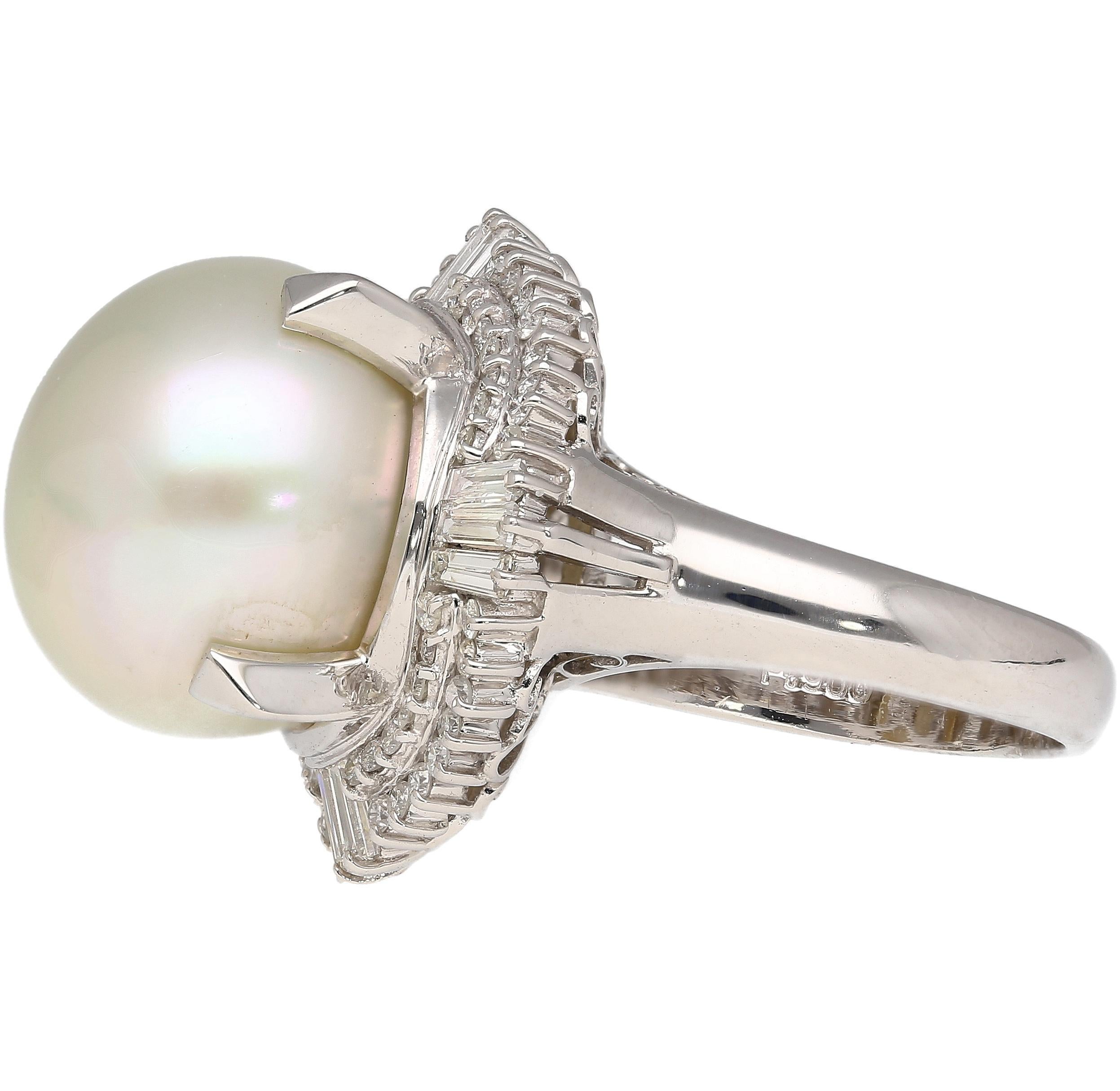 14mm Pearl with Baguette and Round Diamonds in Platinum Cocktail Ring For Sale 1