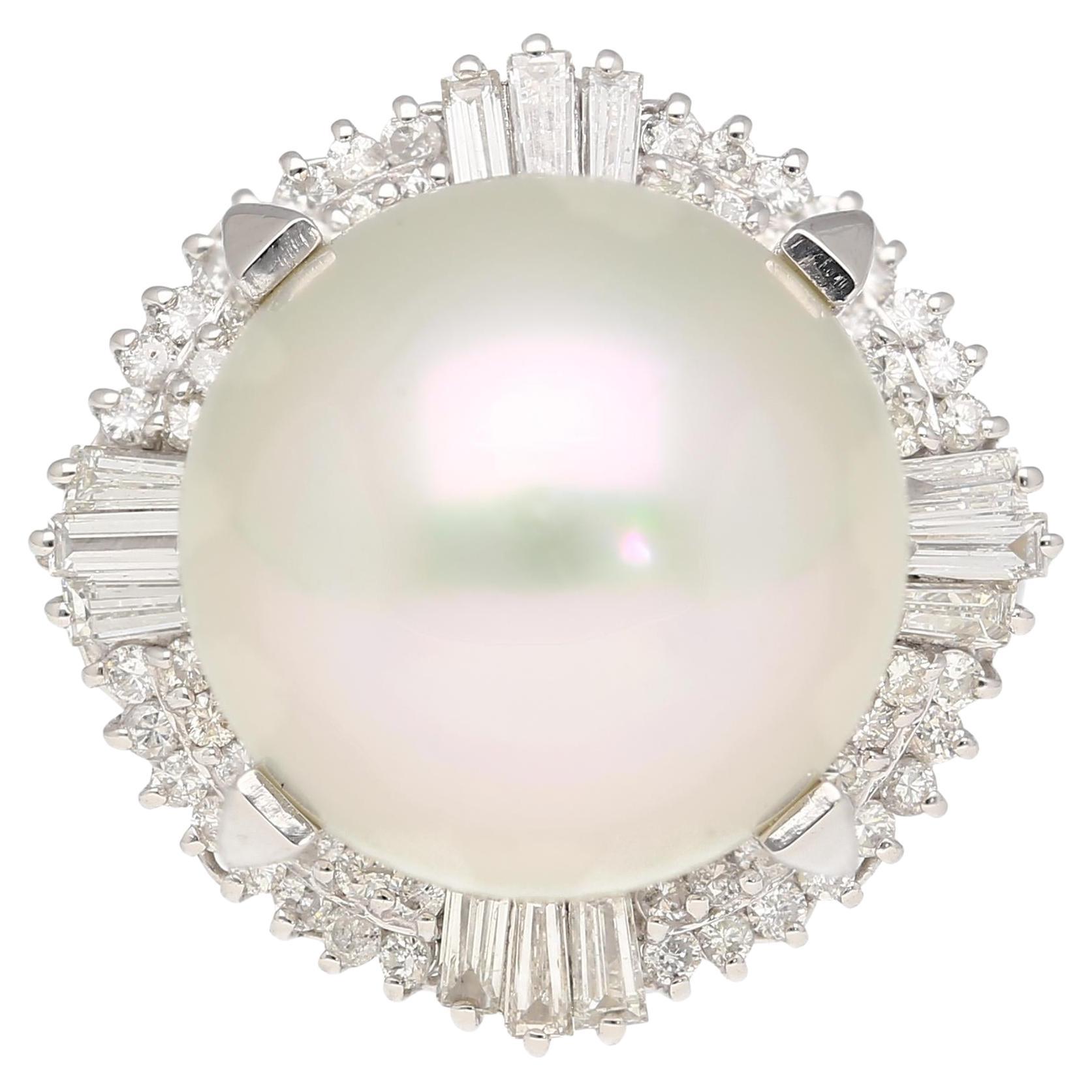 14mm Pearl with Baguette and Round Diamonds in Platinum Cocktail Ring