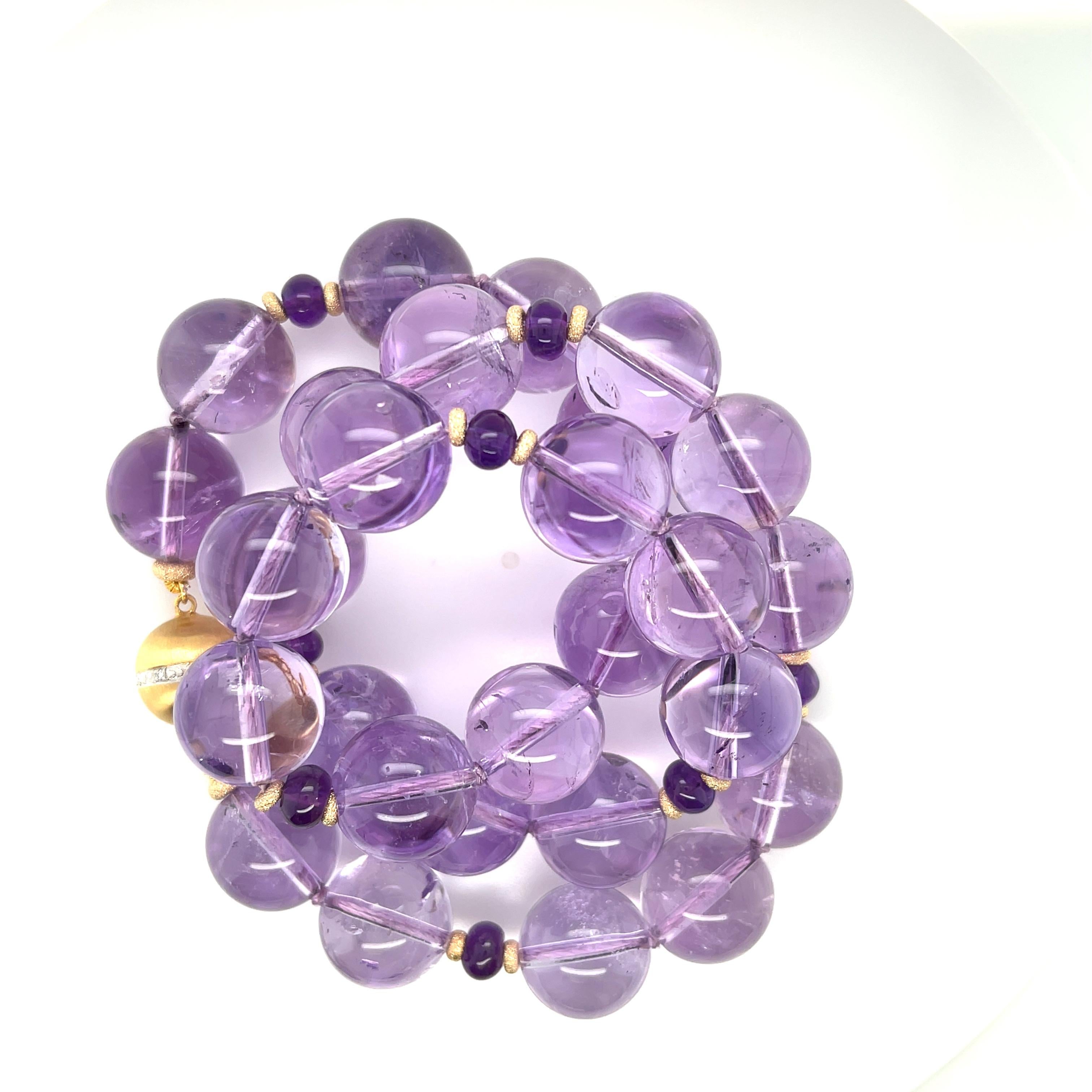 Artisan Rose De France Amethyst Beaded Necklace with Diamond & Yellow Gold Accents For Sale