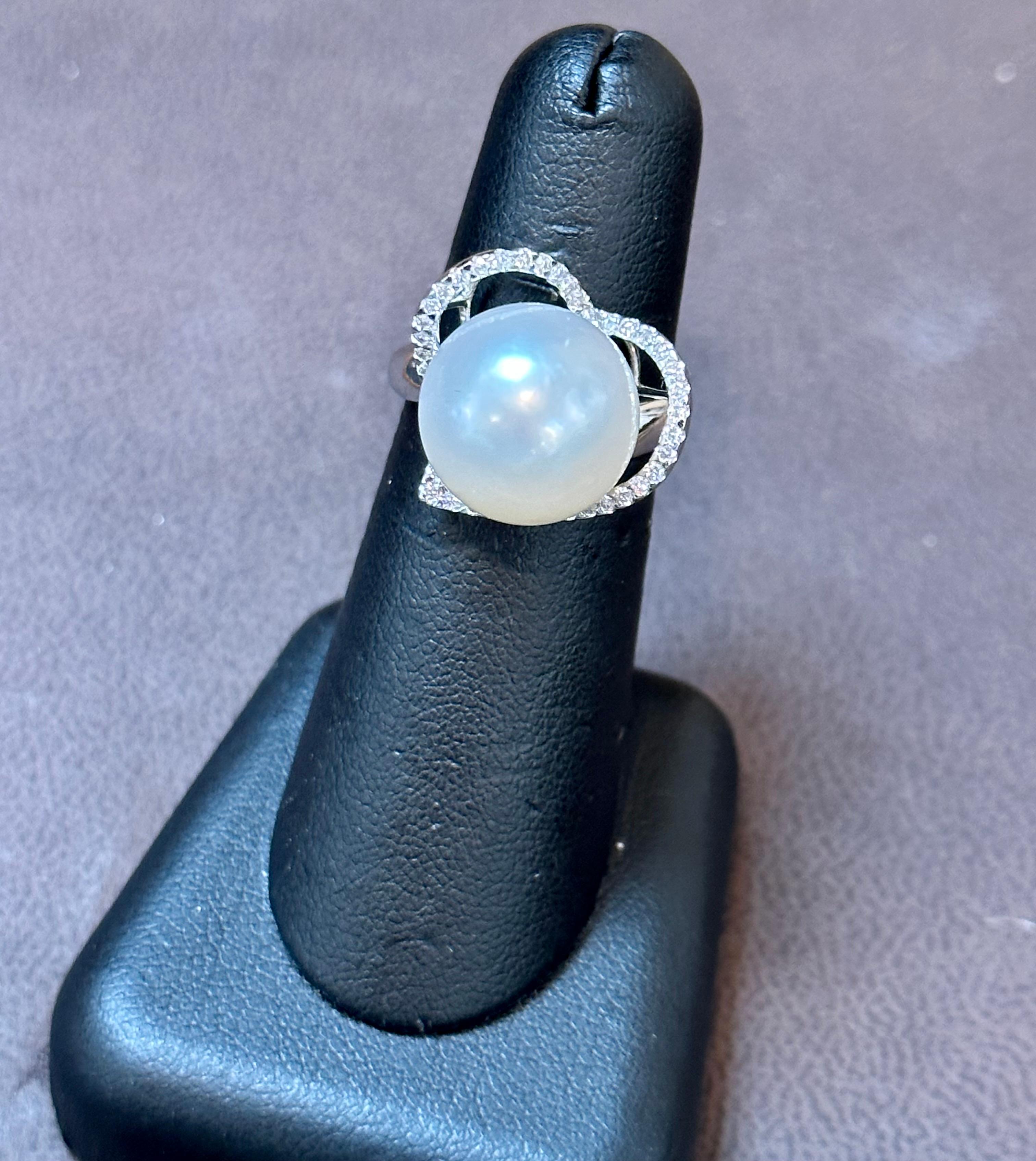 Women's 14MM Round White South Sea Pearl & Diamond Heart Ring , 18 K White Gold, Vintage For Sale