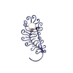 14mm Sea White Pearl Diamond 18k Gold & Blue-Rhodium Brooch