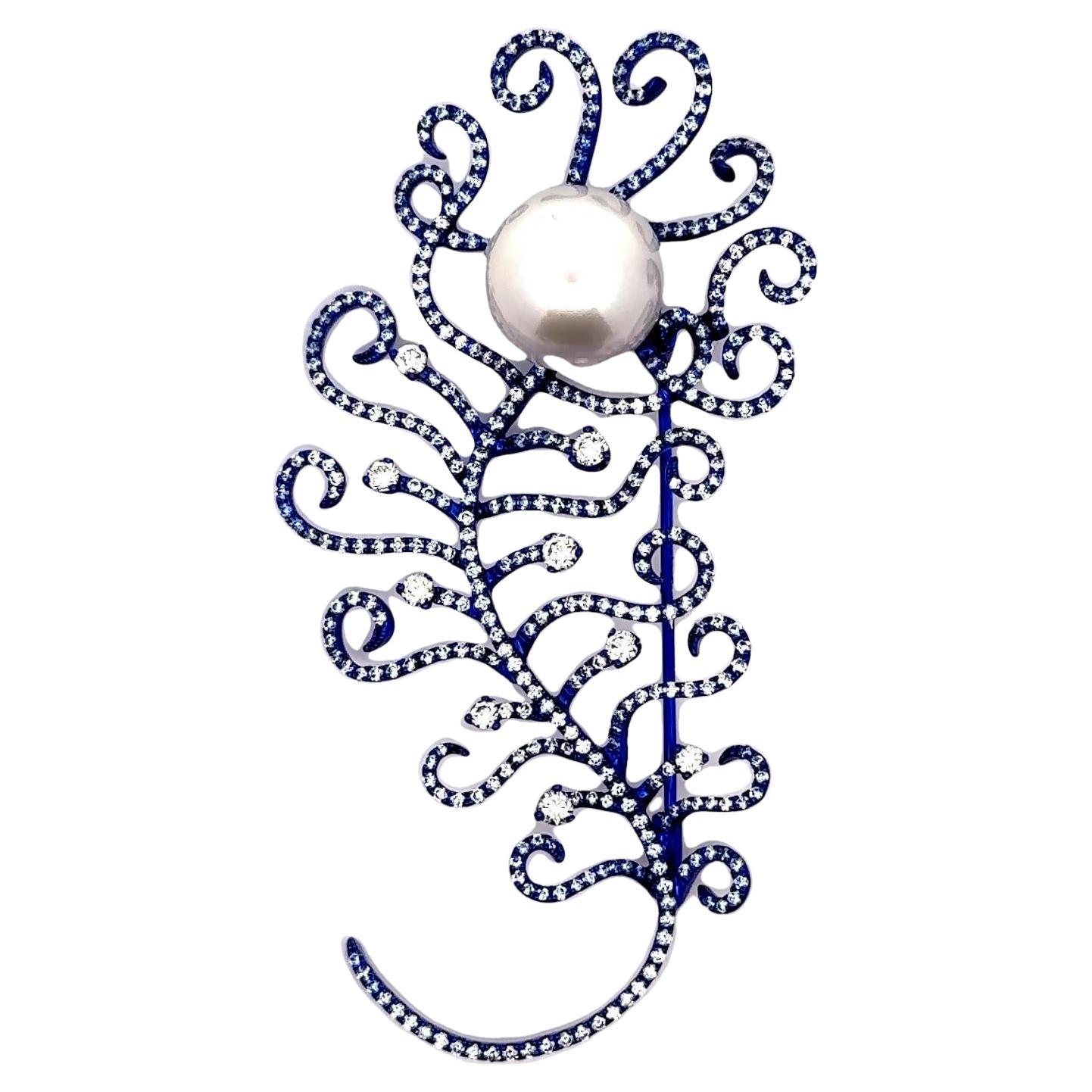 14mm Sea White Pearl Diamond 18k Gold & Blue-Rhodium Brooch