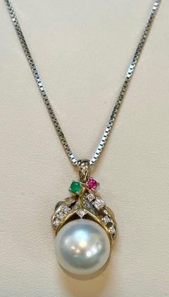 14mm South Sea Cultured Pearl & Diamond 18 K Gold Two Tone Pendant + Chain 14 KG