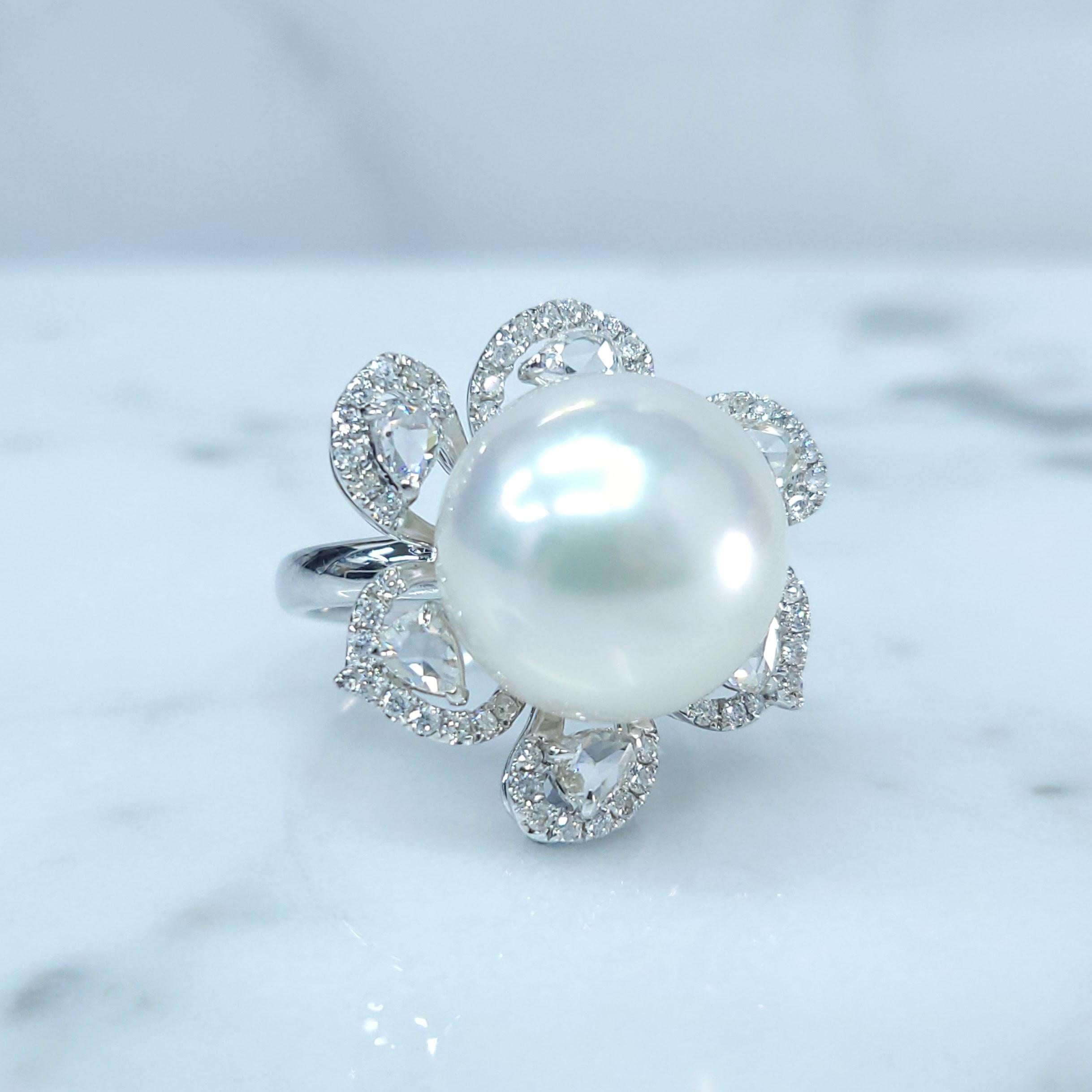 Modern 14mm South Sea Pearl & 0.96 Carats diamond Ring in 18K White Gold For Sale