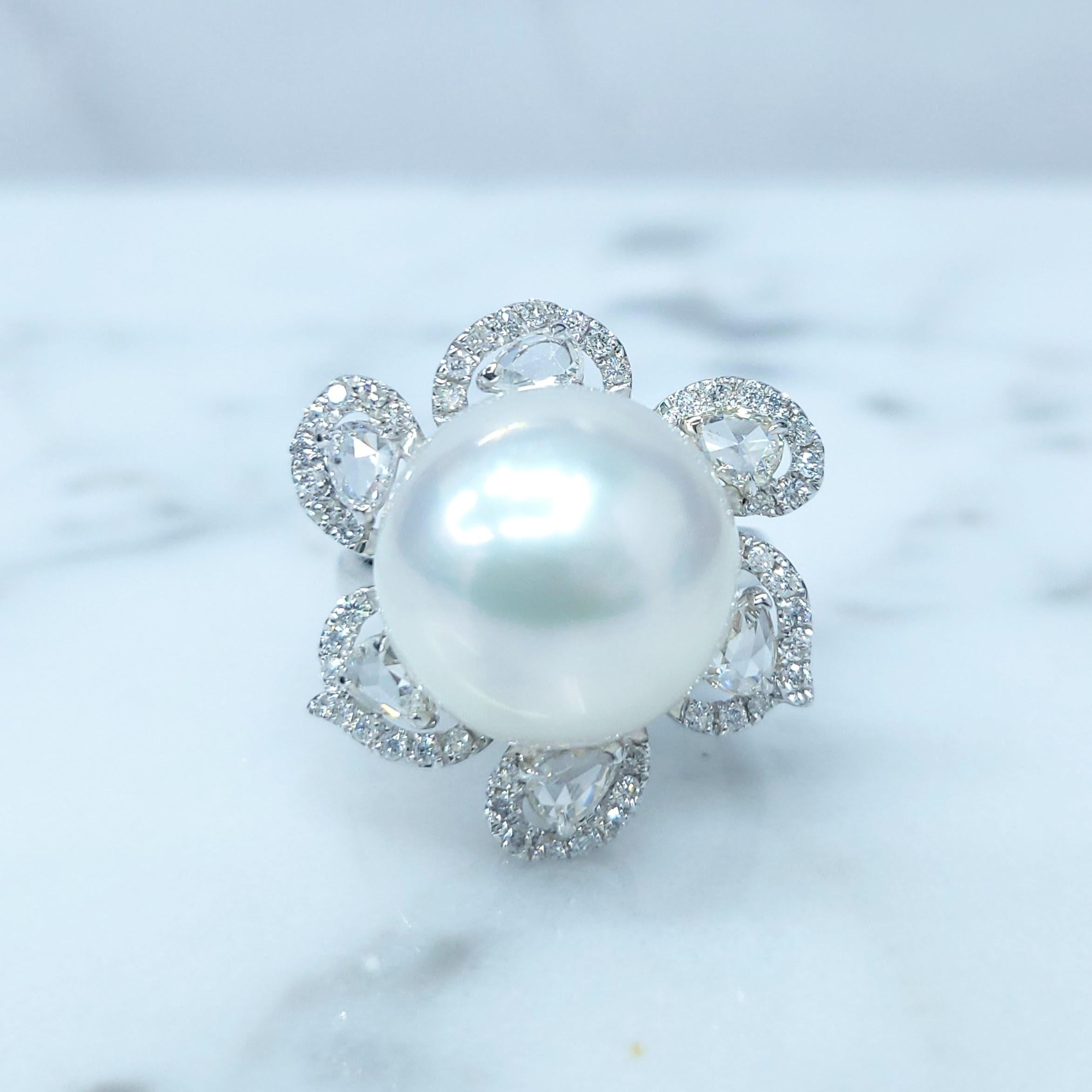 Pear Cut 14mm South Sea Pearl & 0.96 Carats diamond Ring in 18K White Gold For Sale