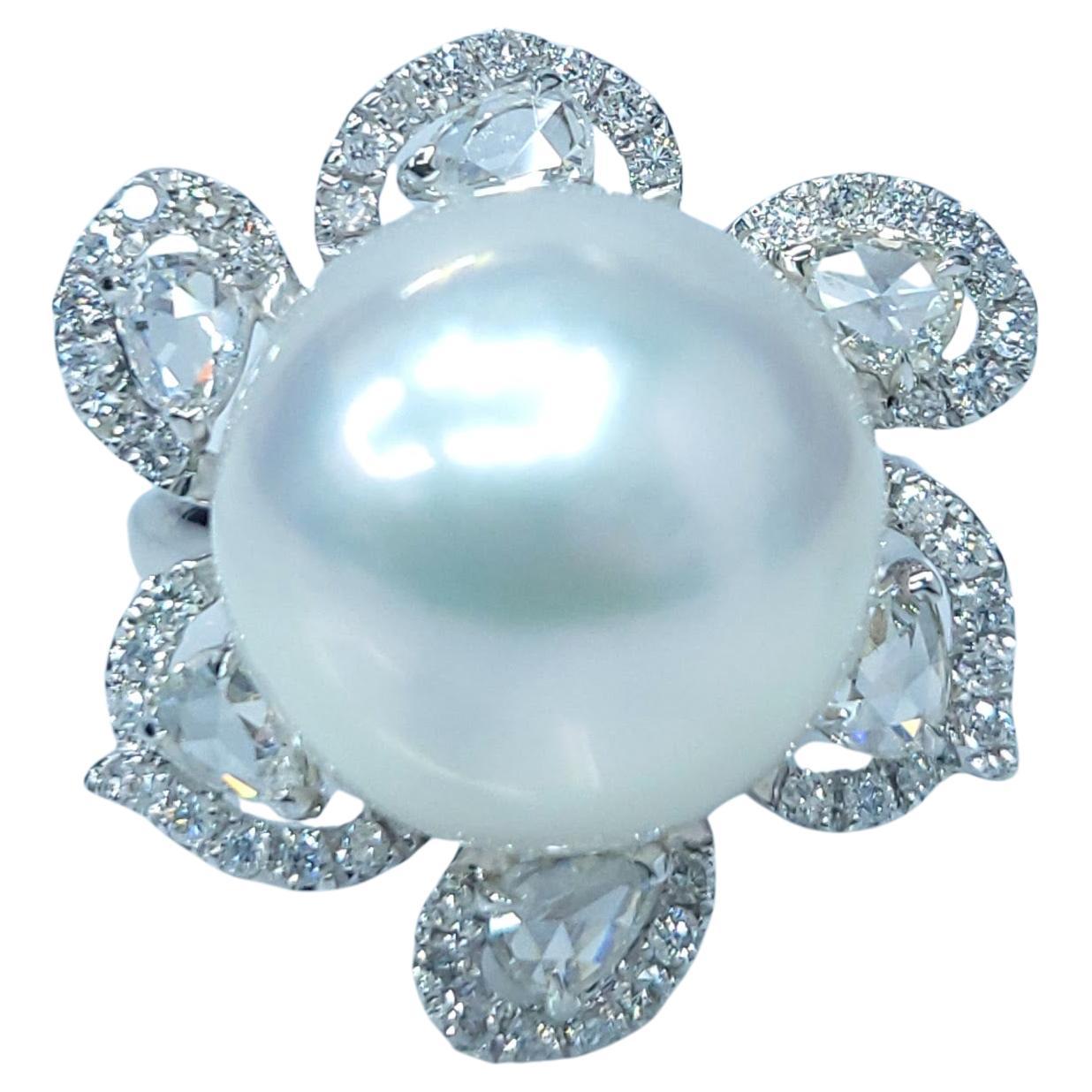 14mm South Sea Pearl & 0.96 Carats diamond Ring in 18K White Gold For Sale