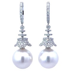 14mm South Sea Pearl Diamond 18k White Gold Dangle Earrings