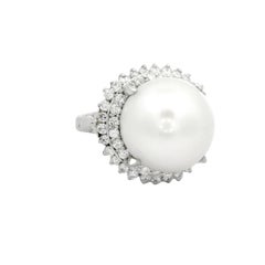 14mm South Sea White Pearl Diamond Double Halo Platinum Ring