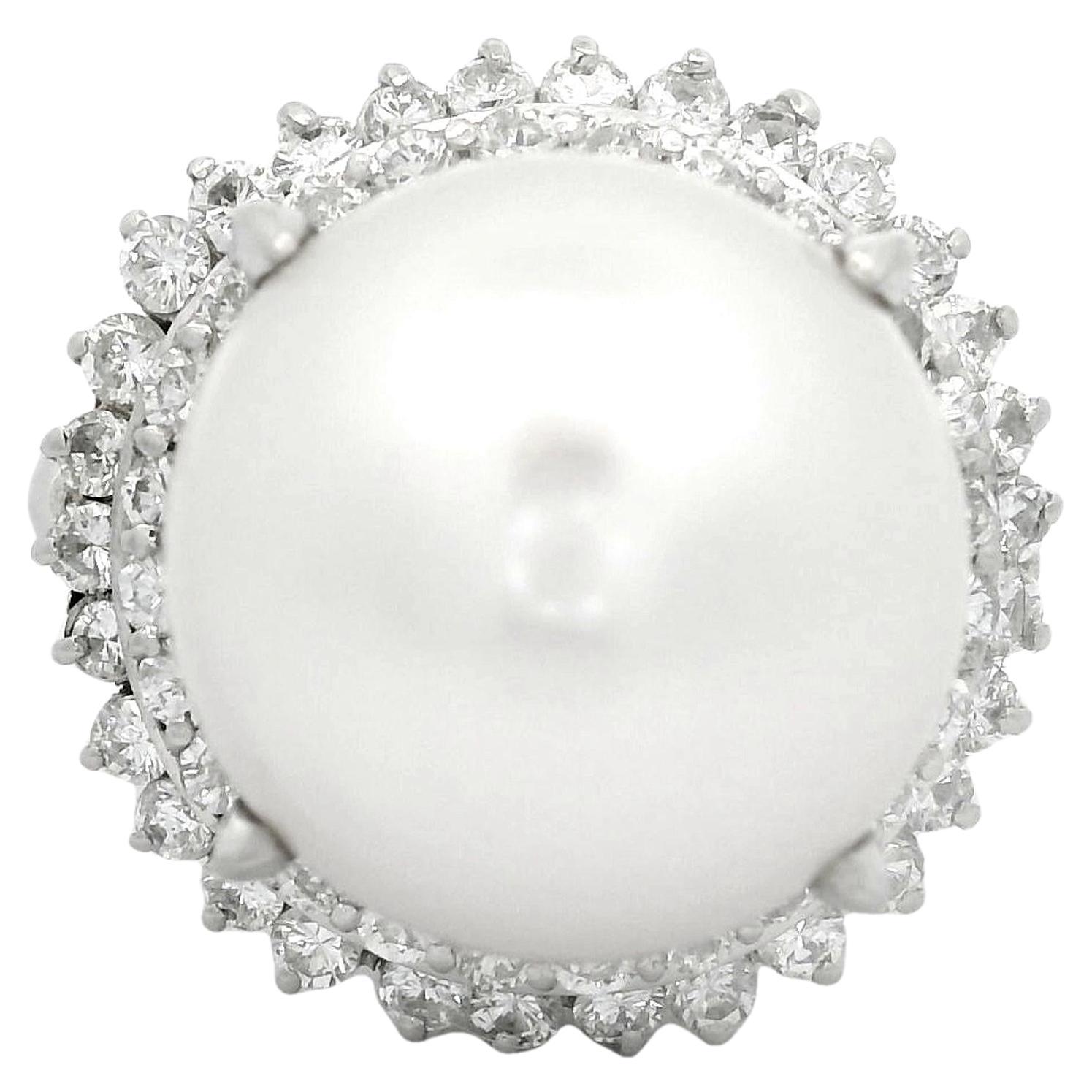14mm South Sea White Pearl Diamond Double Halo Platinum Ring