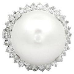 14mm South Sea White Pearl Diamond Double Halo Platinum Ring