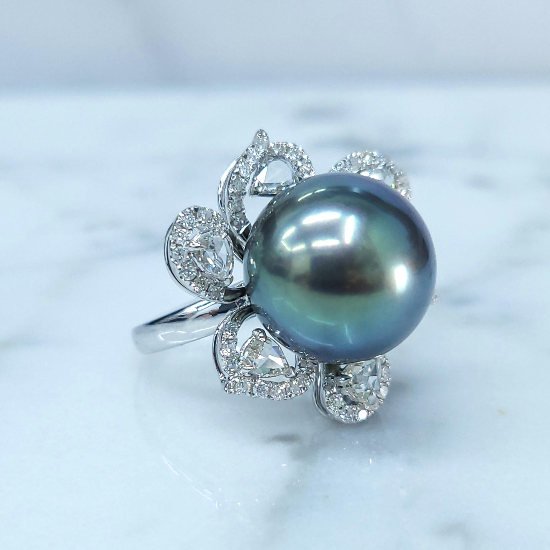 Women's 14mm Tahitian Pearl & 1.09 Carats diamond Ring in 18K White Gold For Sale
