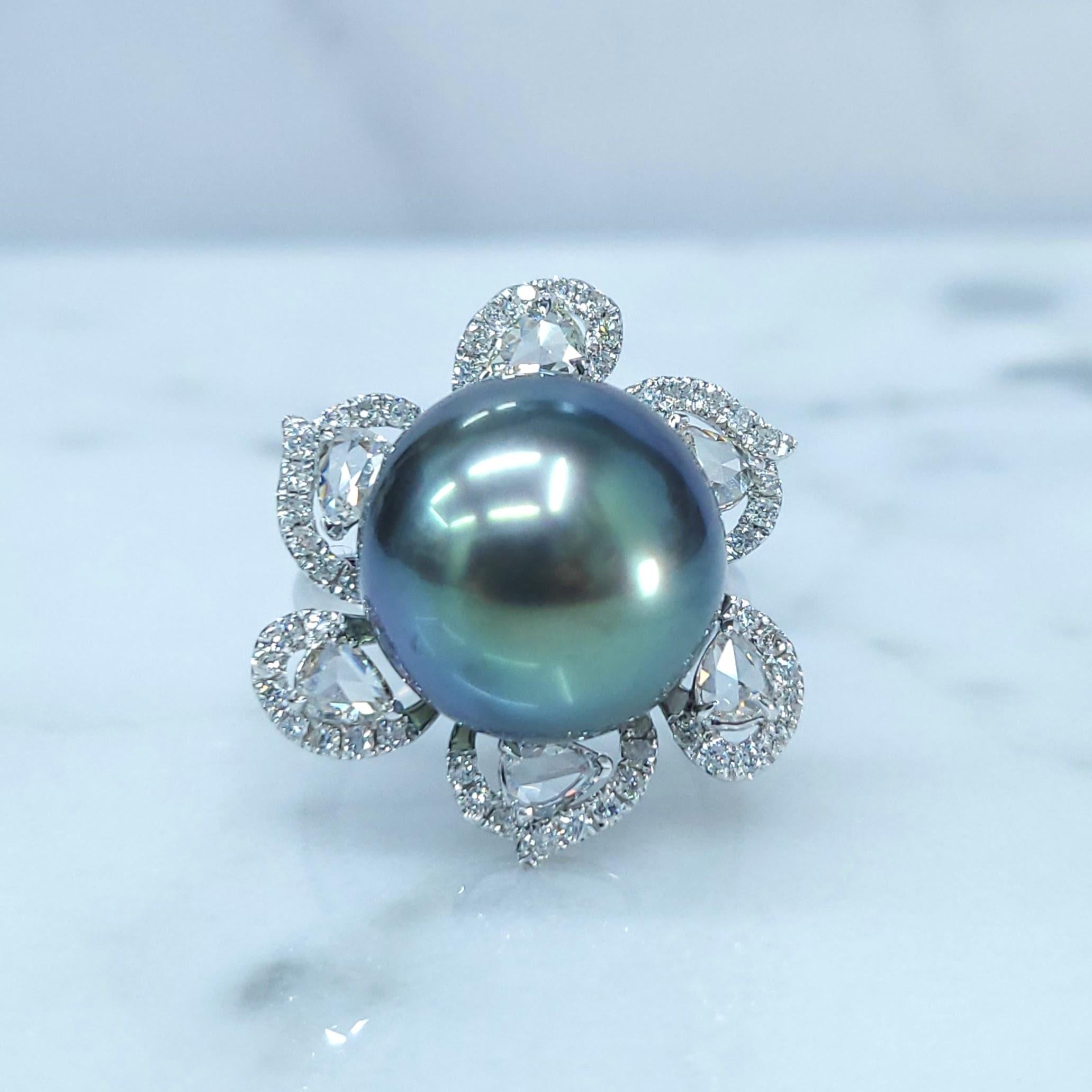 14mm Tahitian Pearl & 1.09 Carats diamond Ring in 18K White Gold For Sale 1