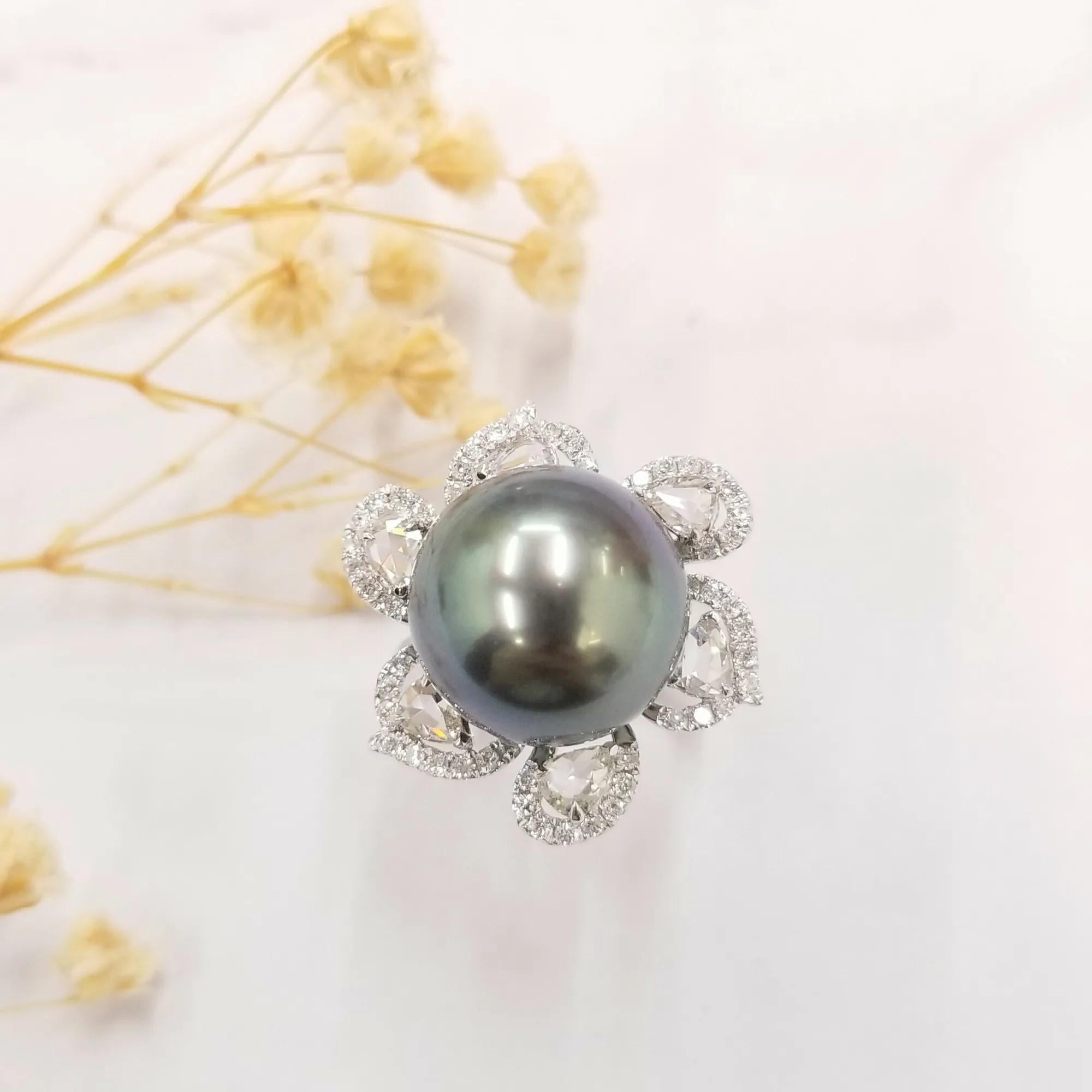 14mm Tahitian Pearl & 1.09 Carats diamond Ring in 18K White Gold For Sale 2
