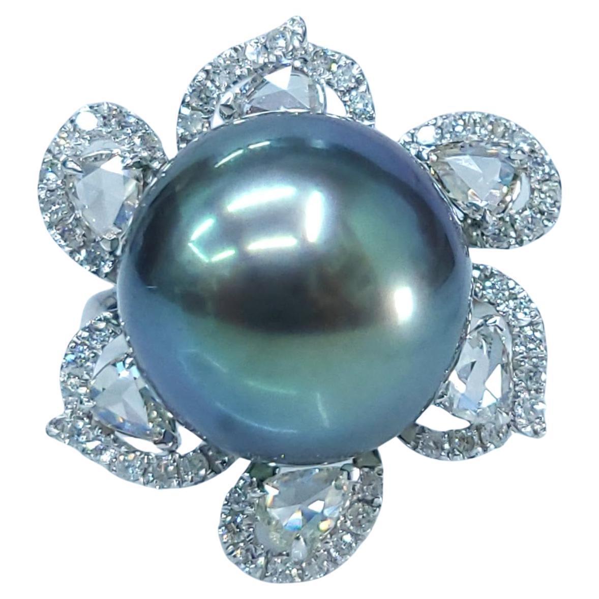 14mm Tahitian Pearl & 1.09 Carats diamond Ring in 18K White Gold