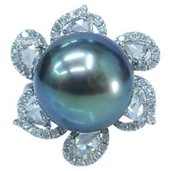 14mm Tahitian Pearl & 1.09 Carats diamond Ring in 18K White Gold