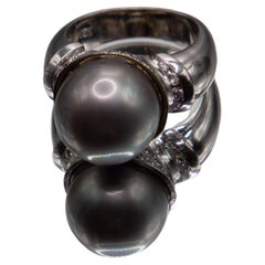 Tahitian South Sea Black Pearl/ Diamond 0.98 Carats 18k White Gold Ring