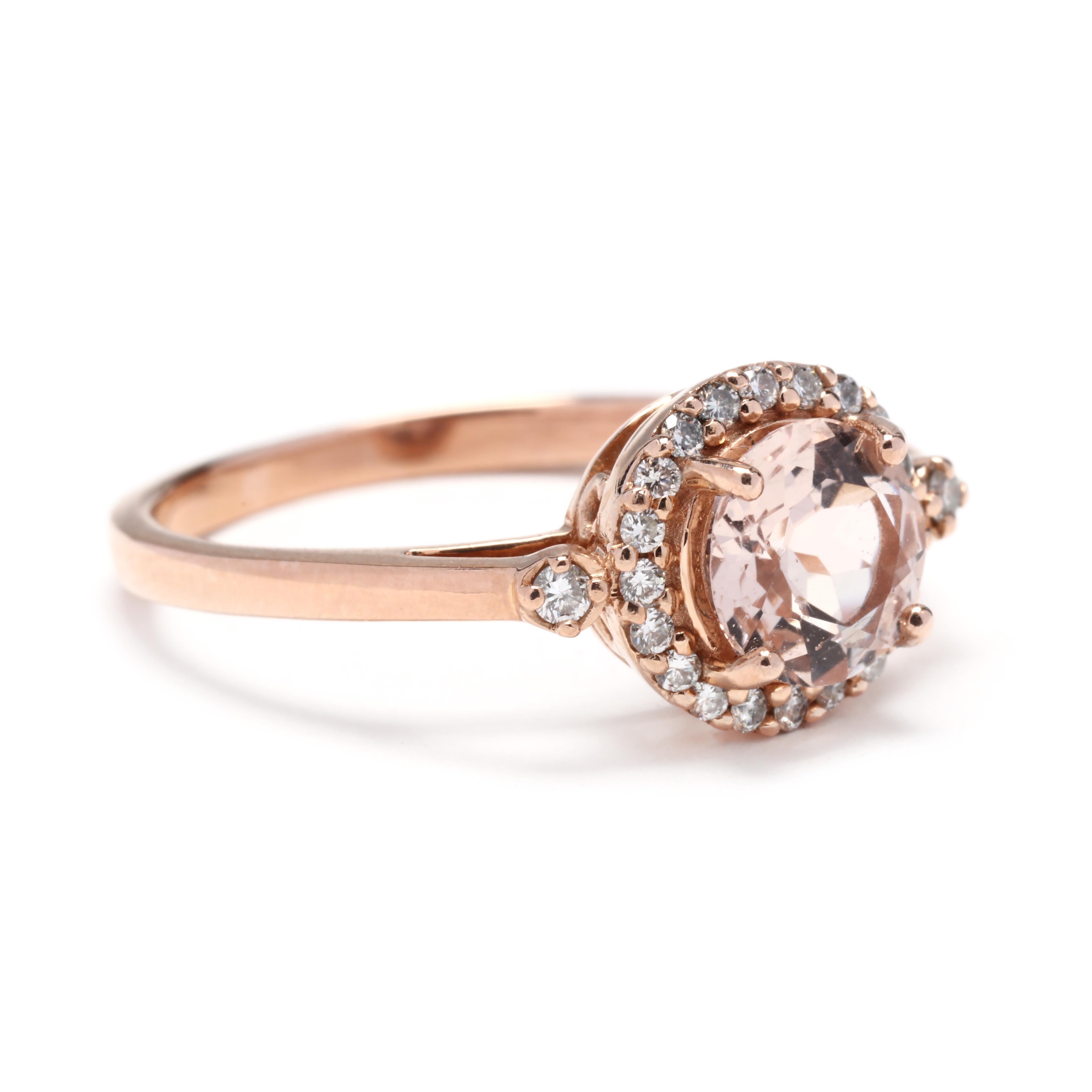 A 14 karat rose gold morganite and diamond ring. This ring features a round cut morganite weighing approximately 1.20 carats surrounded by full cut round diamonds and a diamond on either side weighing approximately .23 total carats and a thin
