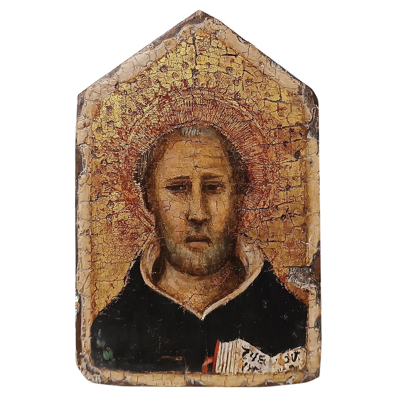 14th-15th C. WOODEN PANEL WITH GOLD BACKGROUND DEPICTING SAINT THOMAS AQUINAS