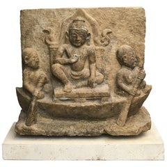 14th-15th Century Sandstone Temple Relief of Buddha on a Throne in a Boat