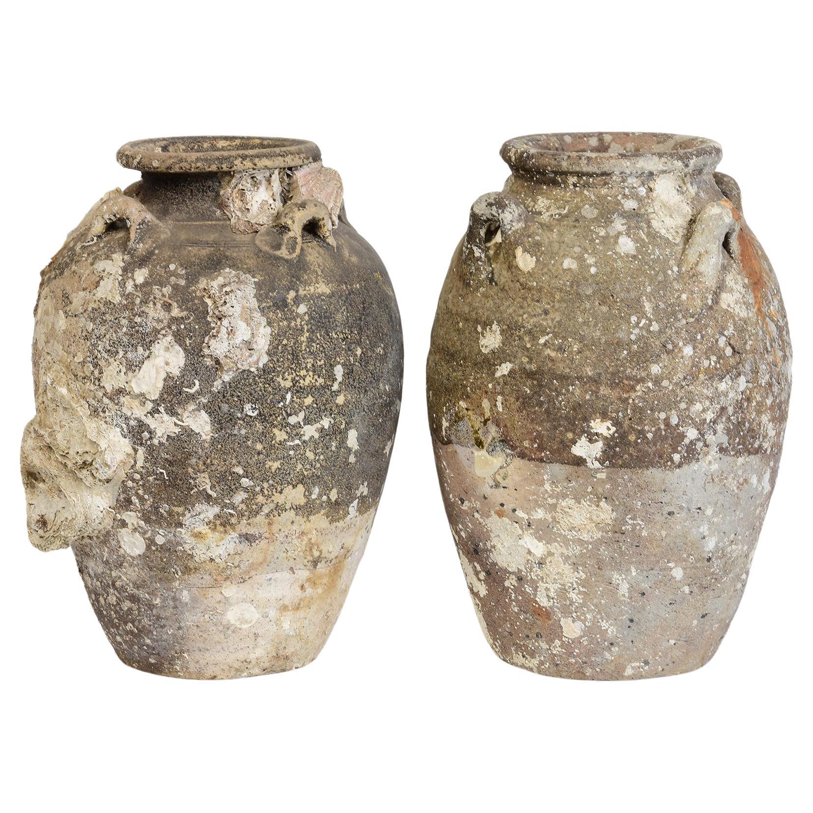 14th-16th C., A Pair of Antique Sukhothai Pottery Jars with Shell from Shipwreck For Sale