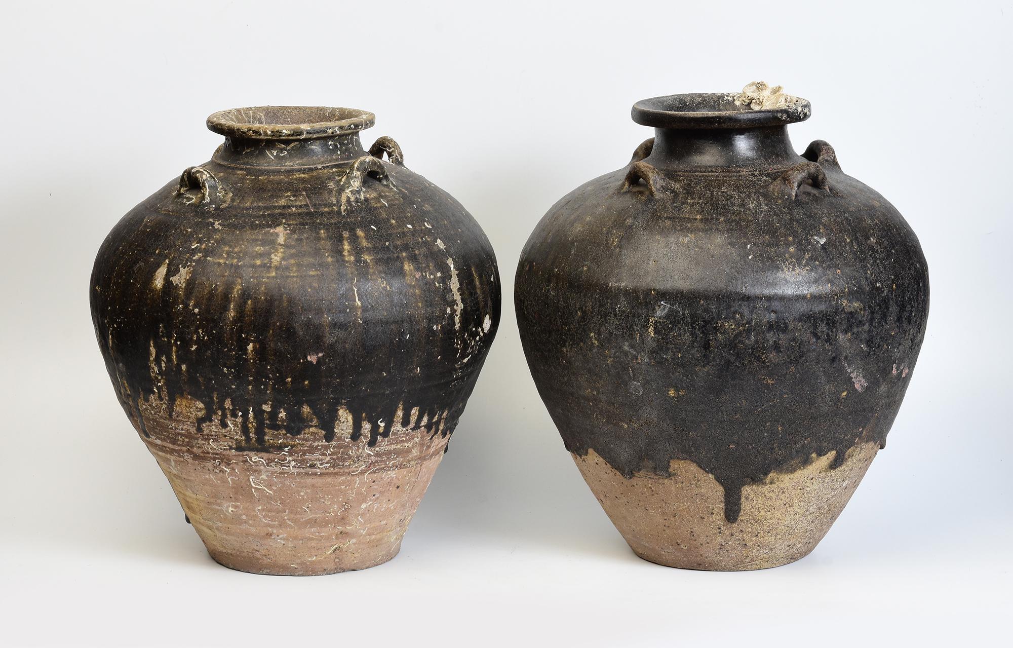 14th-16th Century, A Pair of Antique Sukhothai Pottery Brown Glazed Jars For Sale 7