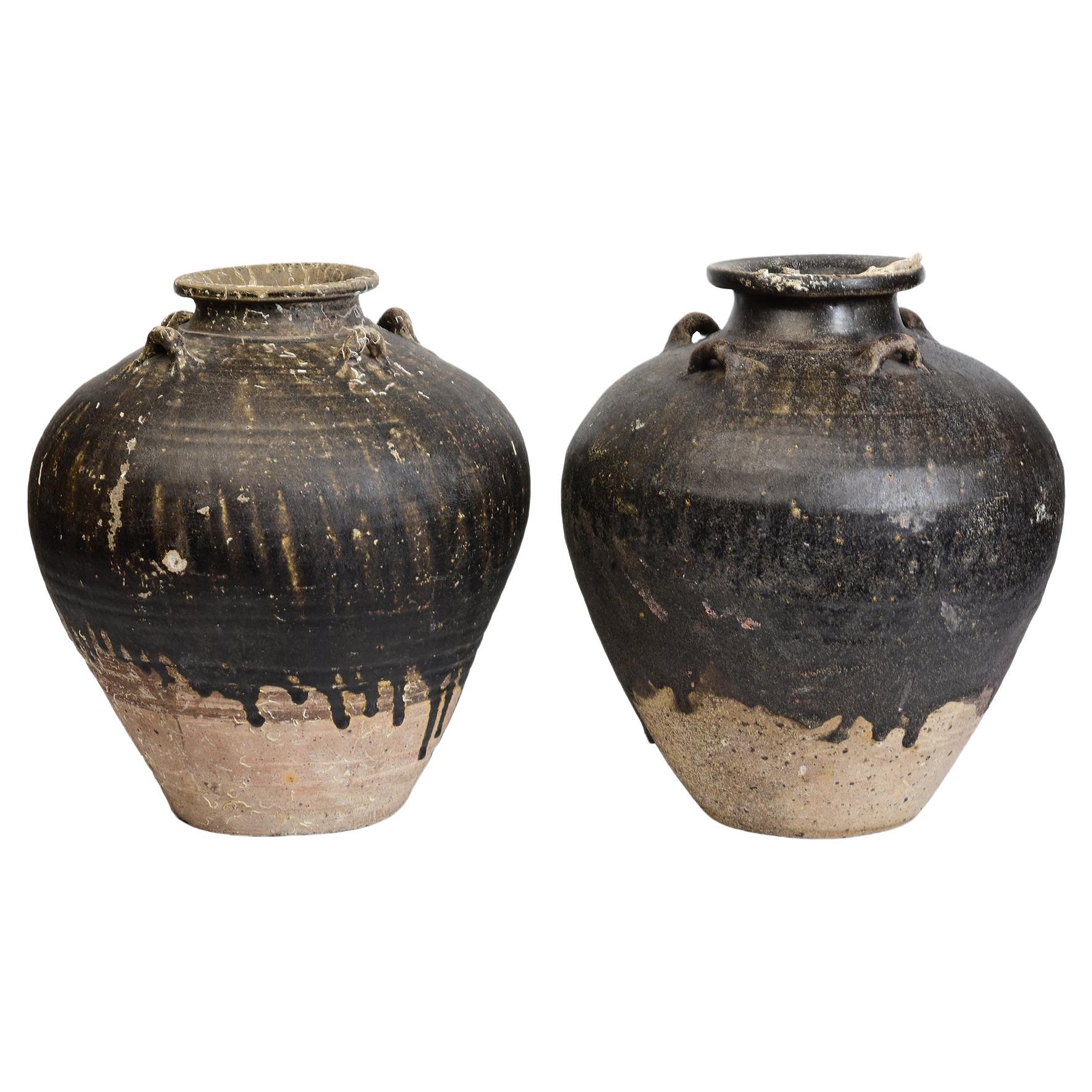 14th-16th Century, A Pair of Antique Sukhothai Pottery Brown Glazed Jars For Sale