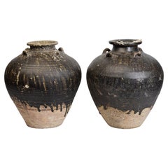 14th-16th Century, A Pair of Antique Sukhothai Pottery Brown Glazed Jars