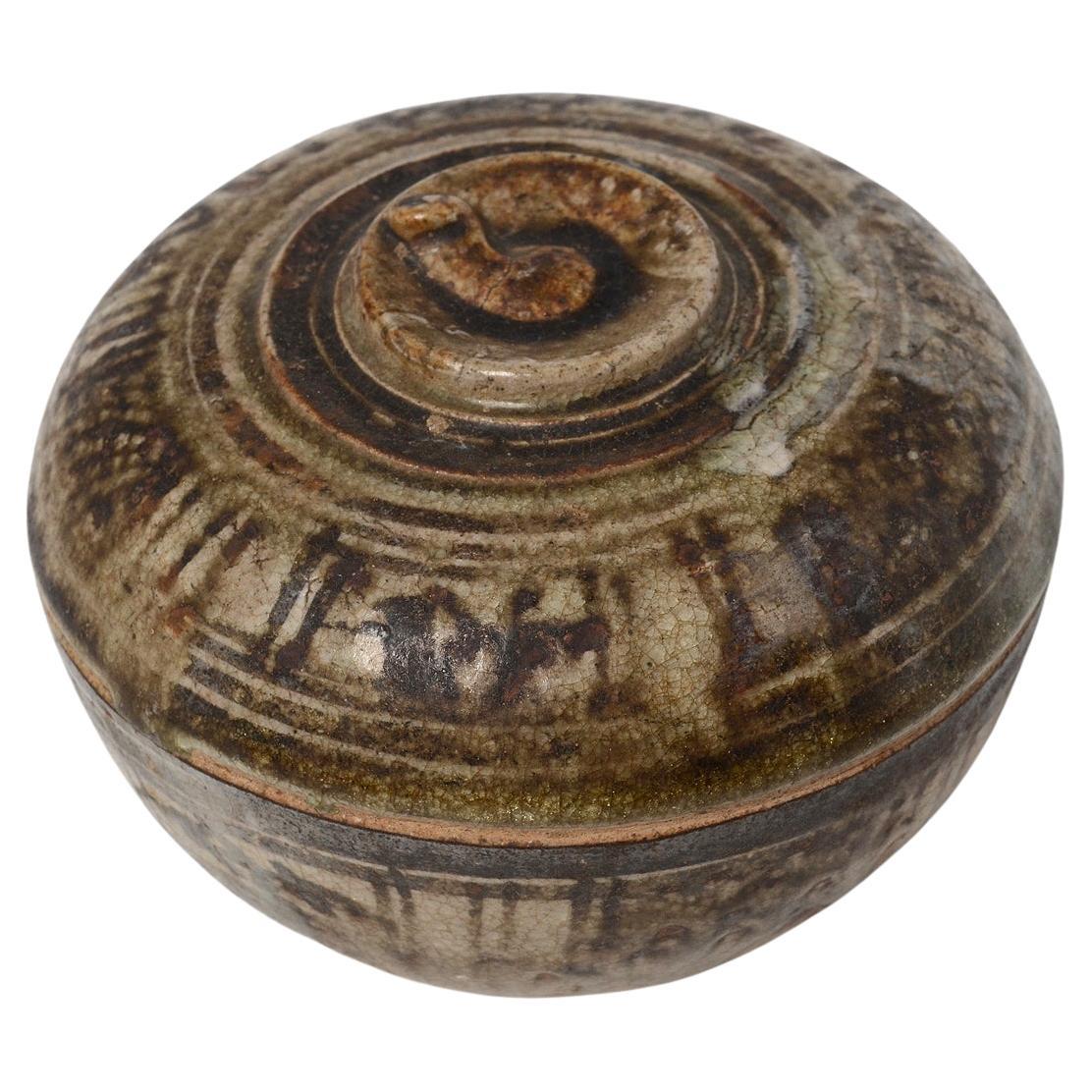 14th - 16th Century, Antique Thai Sukhothai Ceramic Covered Bowl in Fruit Shape For Sale