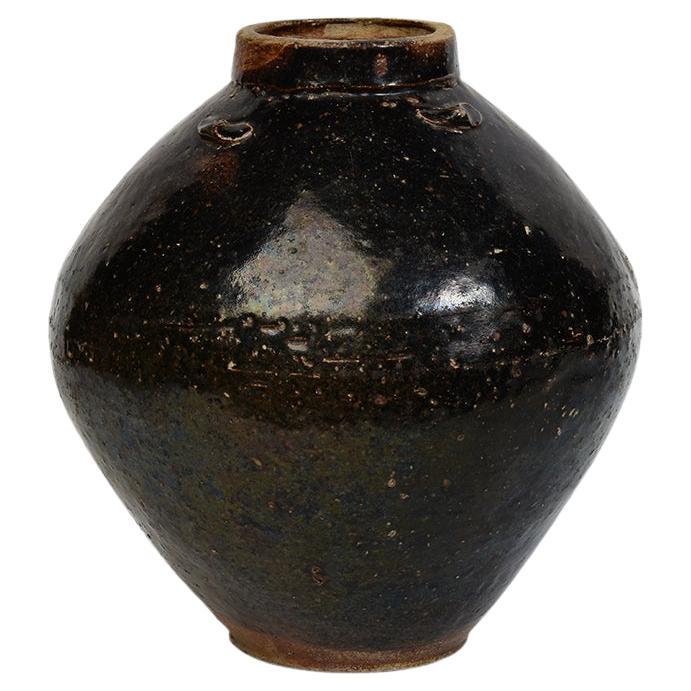 14th-16th Century, Sukhothai, Antique Sukhothai Dark-Brown Glazed Pottery Jar