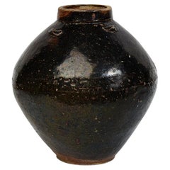 14th-16th Century, Sukhothai, Antique Sukhothai Dark-Brown Glazed Pottery Jar