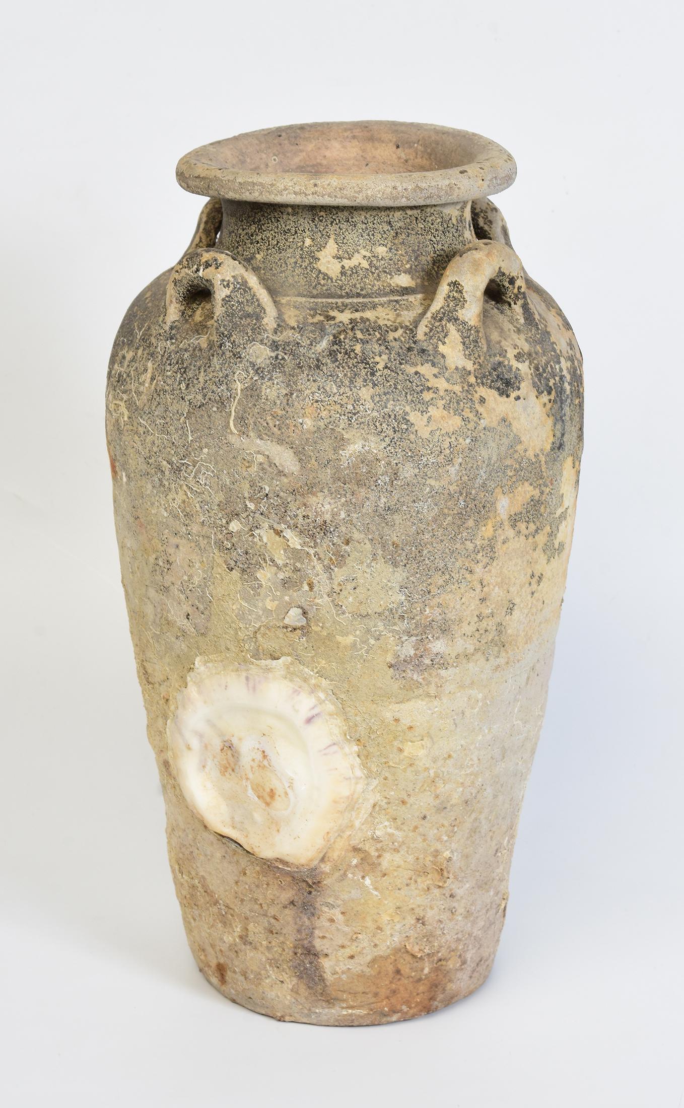Sukhothai pottery jar with natural shell and barnacle from shipwreck.

Age: Thailand, Sukhothai Period, 14th - 16th Century
Size: Height 31.6 C.M. / Width 16.8 C.M.
Condition: Nice condition overall (some expected degradation due to its