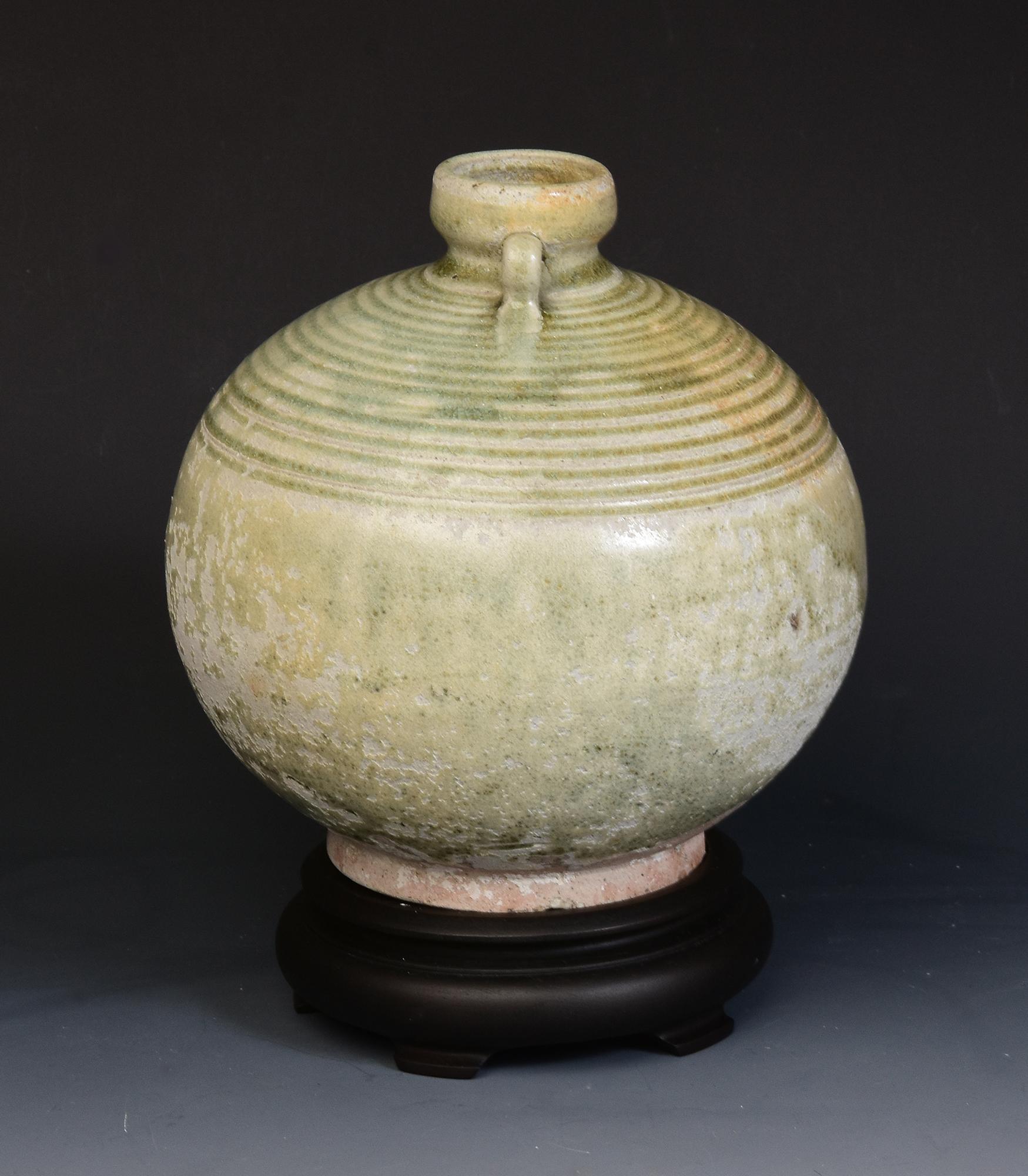 14th-16th Century, Antique Thai Sukhothai Celadon Glazed Pottery Bottle 9